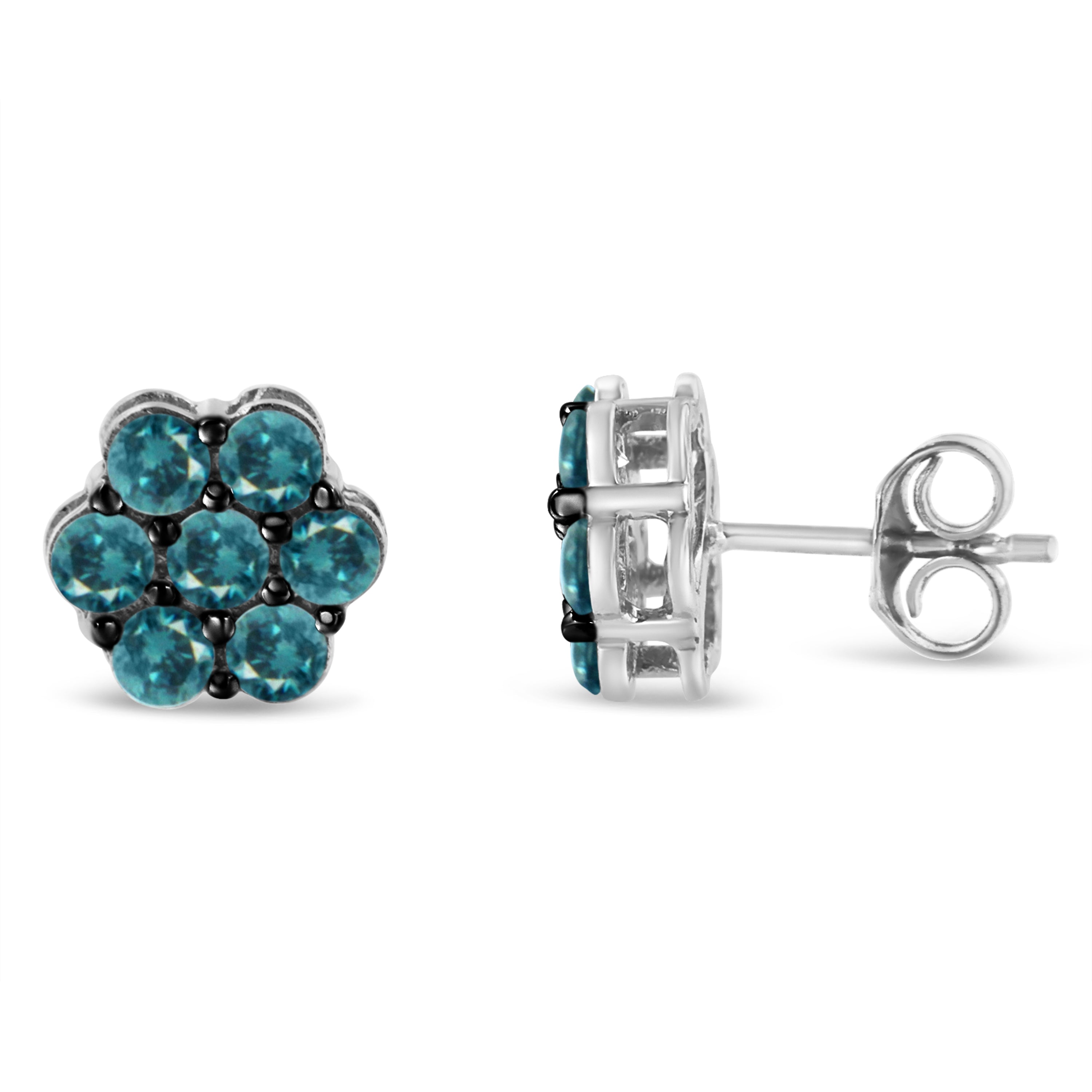 Sterling Silver Treated Blue Diamond Floral Stud Earrings 1 cttw, Blue Color, I2-I3 Clarity on sale at MyriadMart