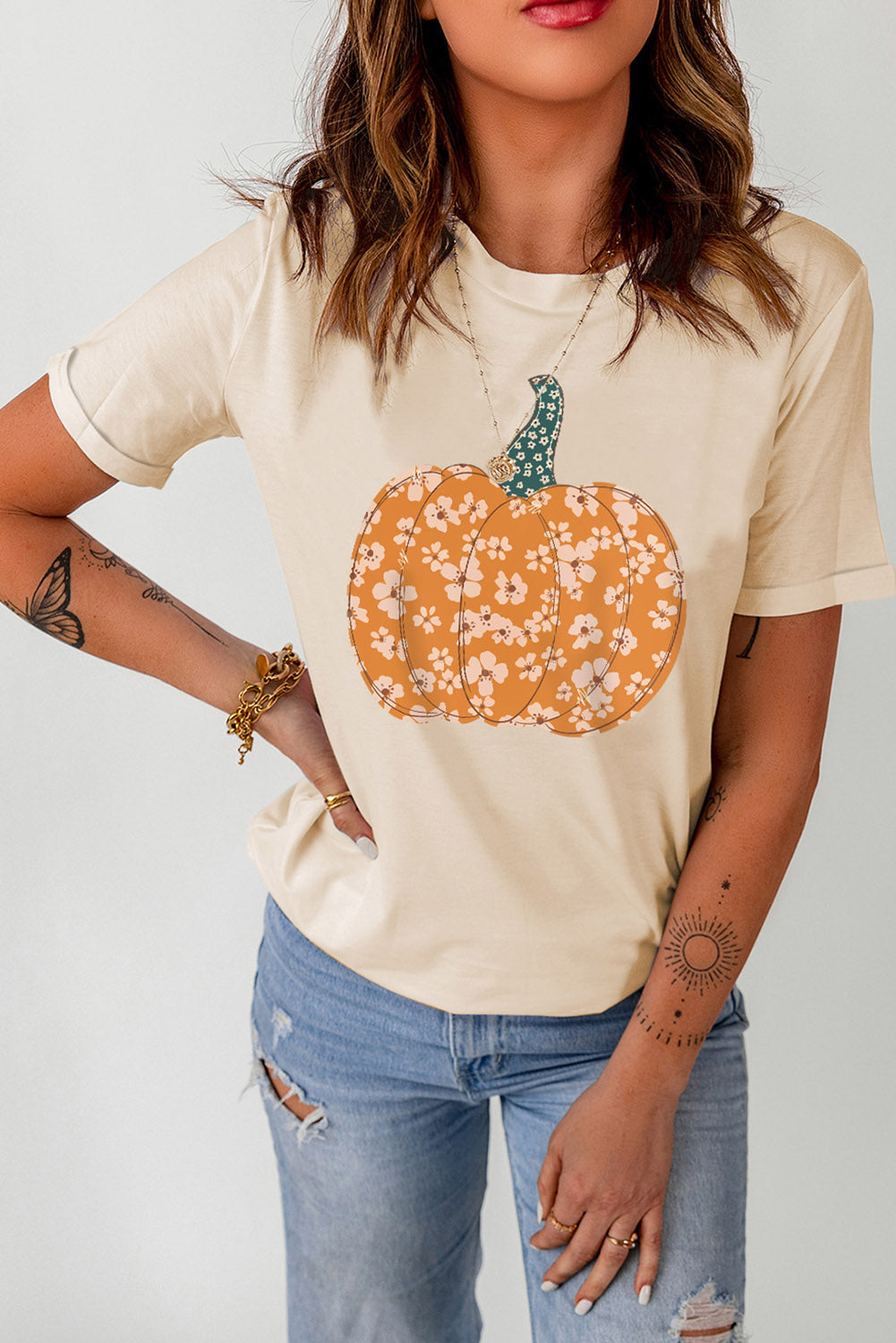 Pumpkin Graphic Round Neck Cuffed T-Shirt - MyriadMart