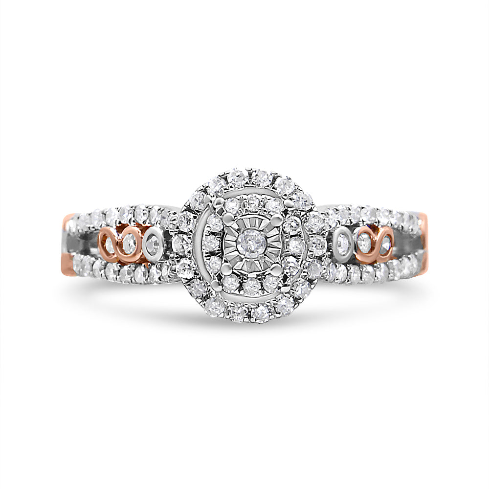 14K Rose Gold Plated .925 Sterling Silver 3/8 Cttw Round Diamond Double Frame Cross-Over Split Shank Engagement Ring I-J Color, I2-I3 Clarity - Size 7 on sale at MyriadMart