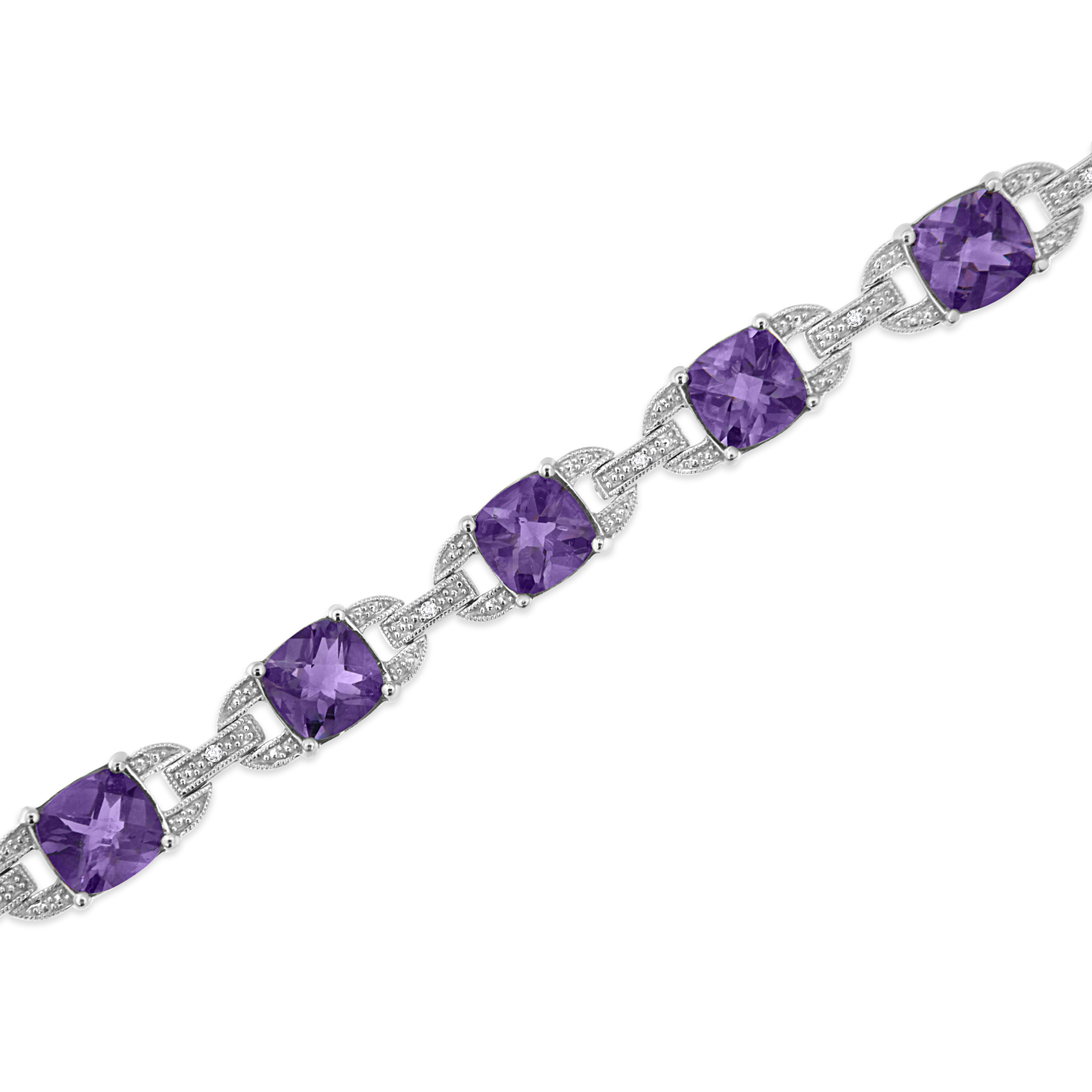 .925 Sterling Silver 7mm Cushion Cut Amethyst Gemstone and Diamond Tennis Link Bracelet I-J Color, I1-I2 Clarity - Size 7" on sale at MyriadMart