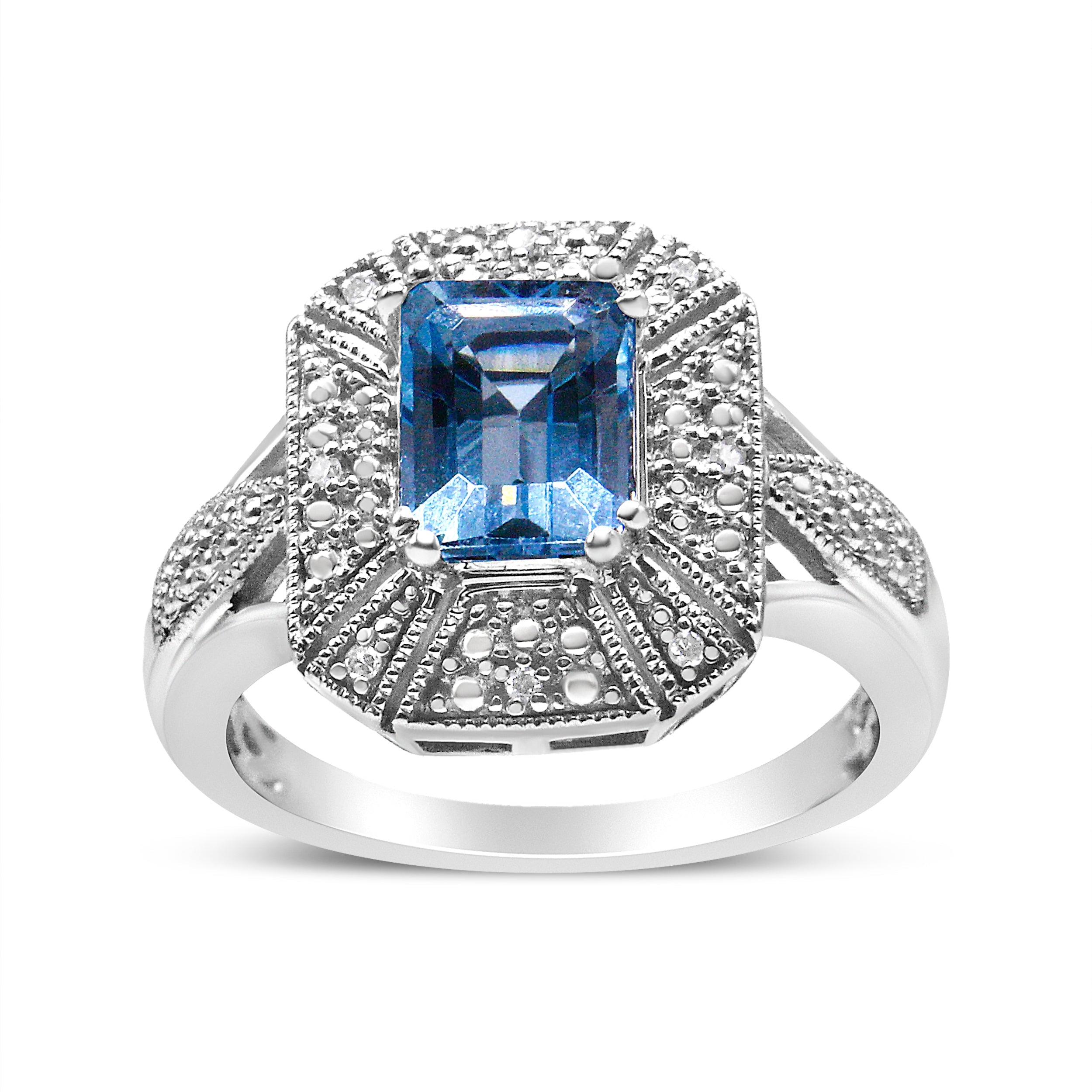 .925 Sterling Silver Diamond Accent and 8X6 mm Emerald-Shape Blue Topaz Ring I-J Color, I2-I3 Clarity - Ring Size 7 on sale at MyriadMart