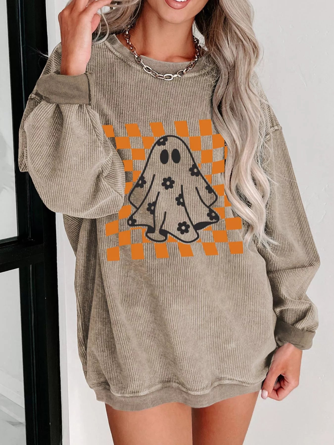 Halloween Checkerboard Floral Ghost Graphic Corded Sweatshirt - MyriadMart