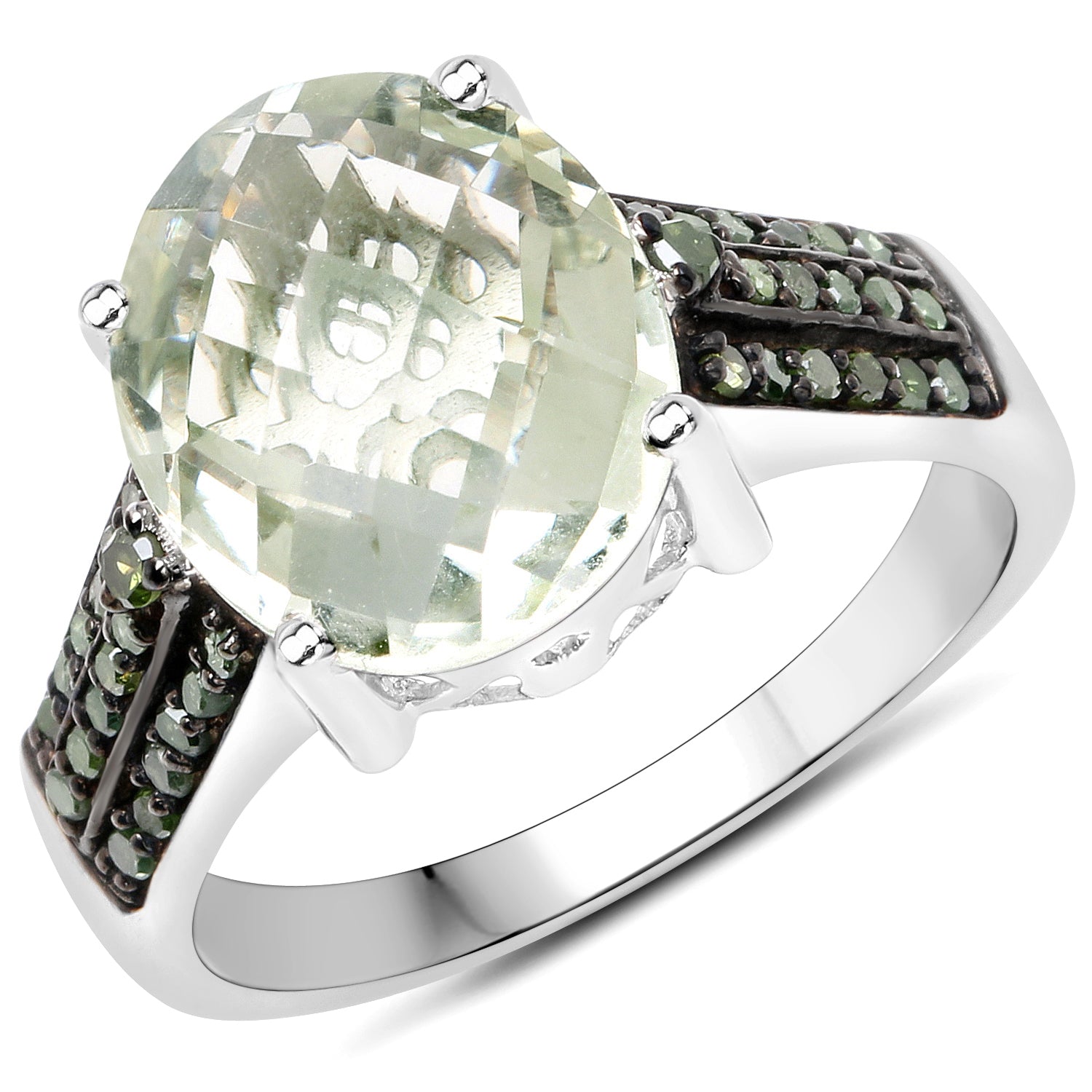 4.41 Carat Genuine Green Amethyst and Green Diamond .925 Sterling Silver Ring on sale at MyriadMart