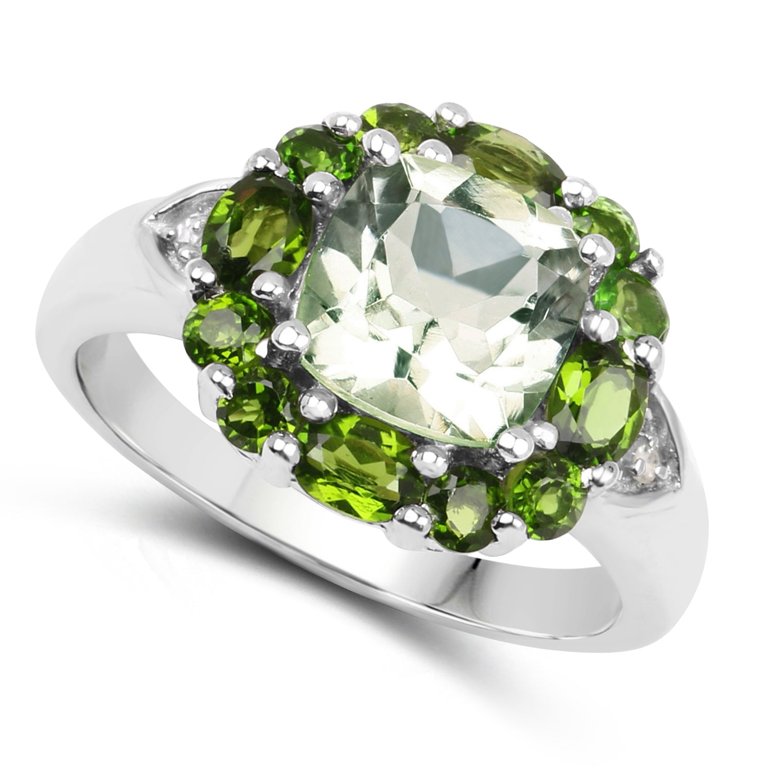 3.49 Carat Genuine Green Amethyst, Chrome Diopside & White Topaz .925 Sterling Silver Ring on sale at MyriadMart