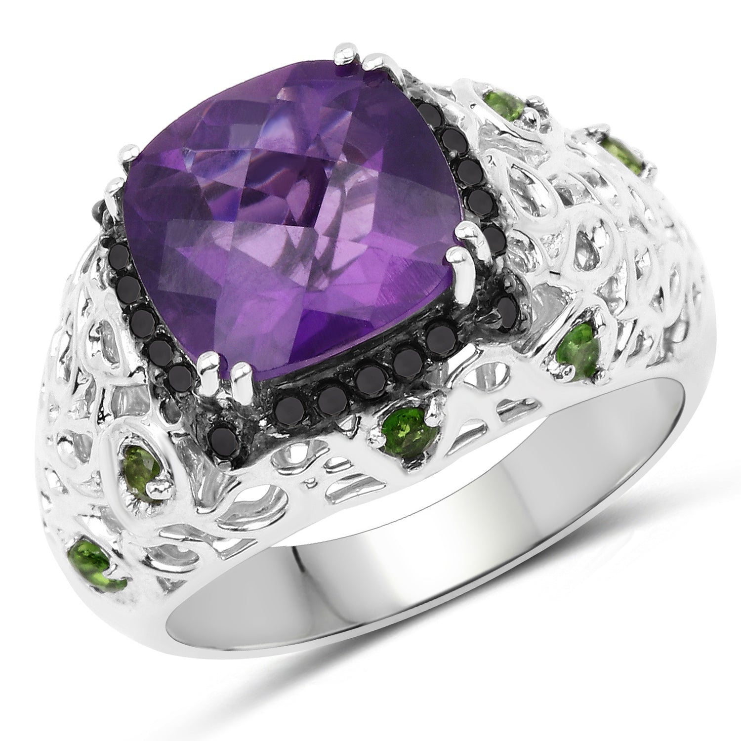 3.27 Carat Genuine Amethyst, Chrome Diopside & Black Diamond .925 Sterling Silver Ring on sale at MyriadMart