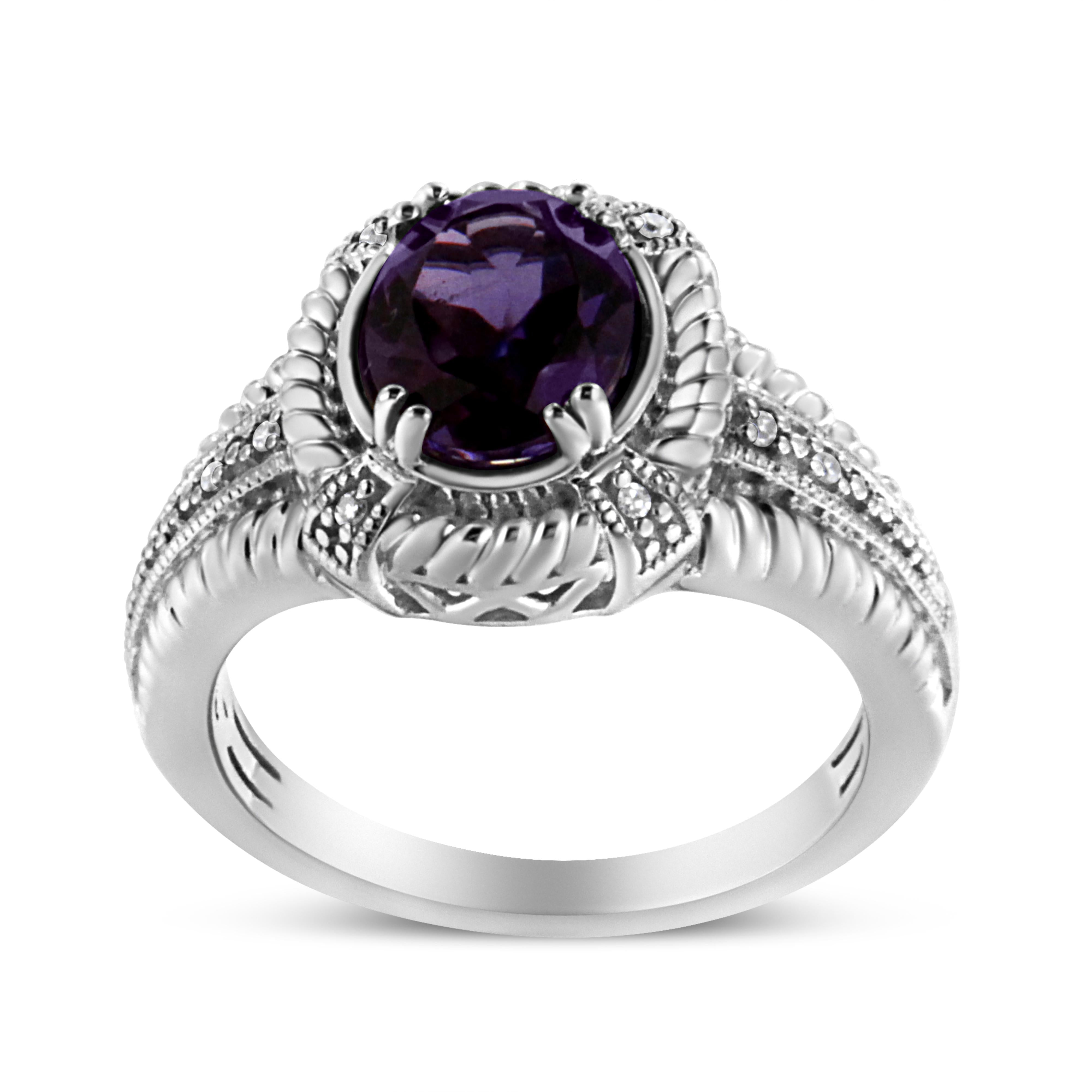 .925 Sterling Silver Prong Set Natural Oval Shape 9X7 MM Purple Amethyst Solitaire and Diamond Accent Ring I-J Color, I1-I2 Clarity - Ring Size 7 on sale at MyriadMart