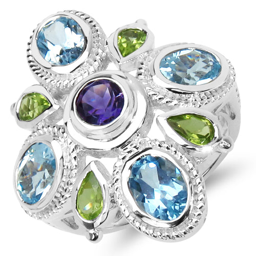 5.13 Carat Genuine Amethyst , Blue Topaz & Peridot .925 Sterling Silver Ring on sale at MyriadMart