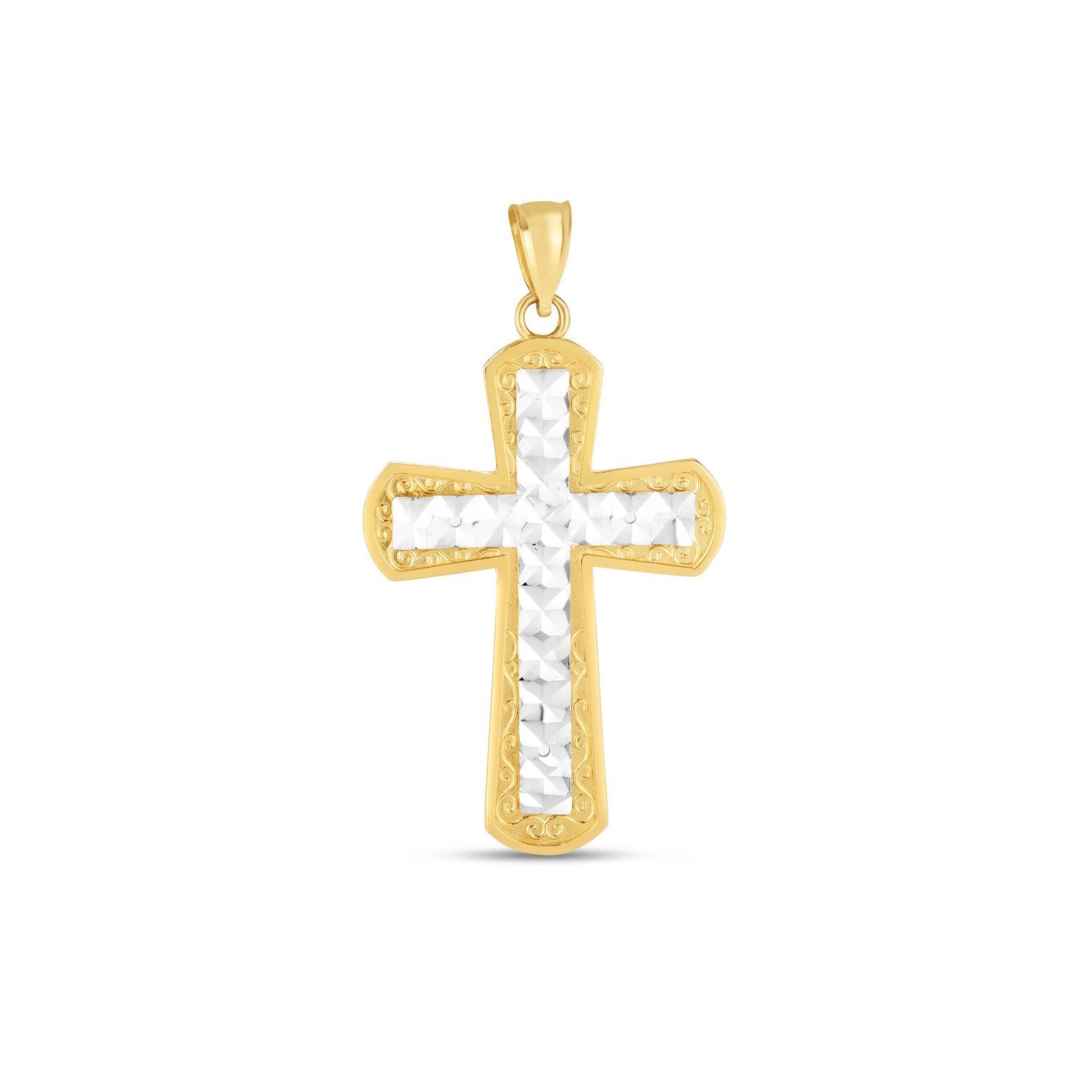 14k Two Tone Gold High Polish Diamond Cut Cross Pendant on sale at MyriadMart