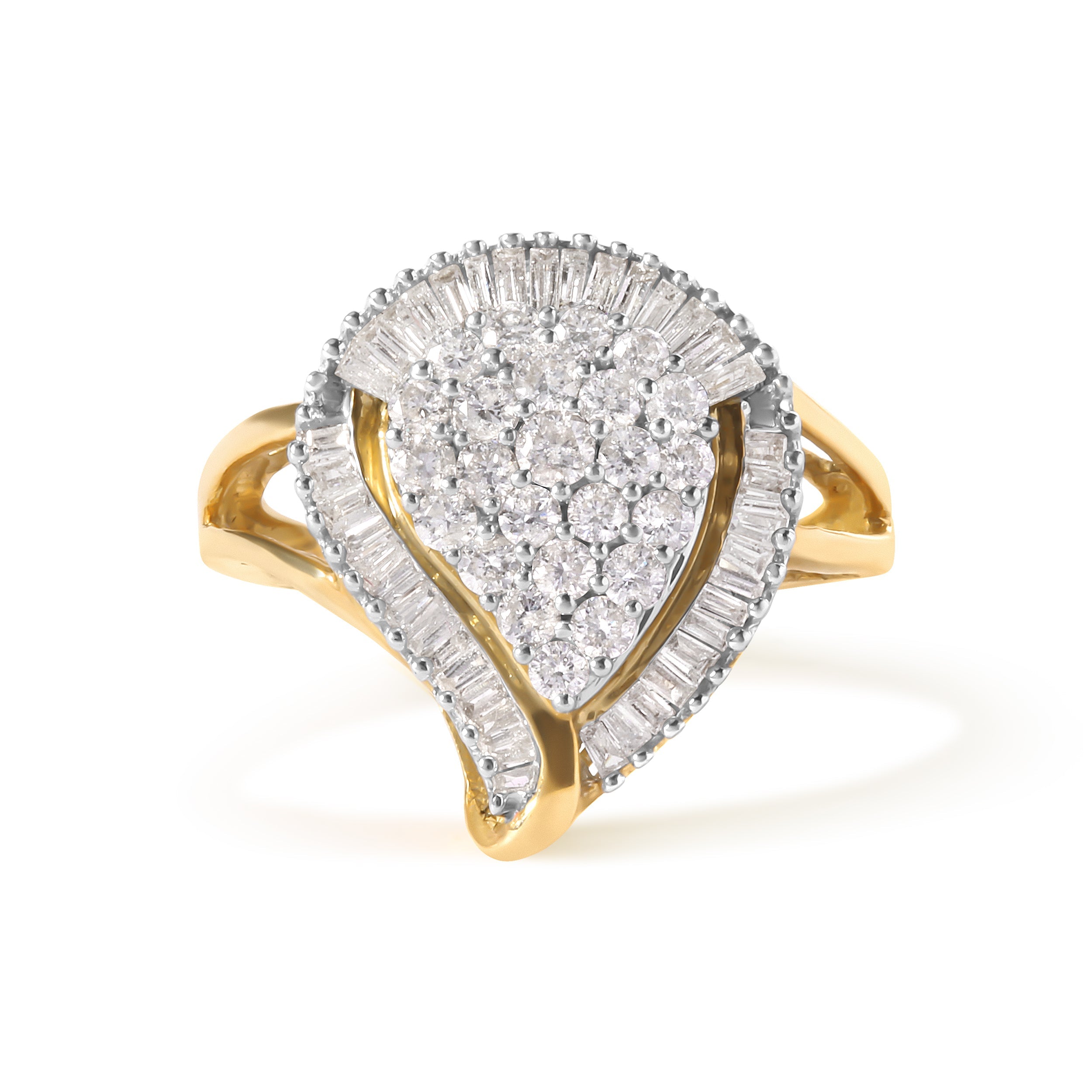 10K Yellow Gold 1 Cttw Round and Baguette Cut Diamond Ballerina Cluster Ring H-I Color, SI2-I1 Clarity on sale at MyriadMart