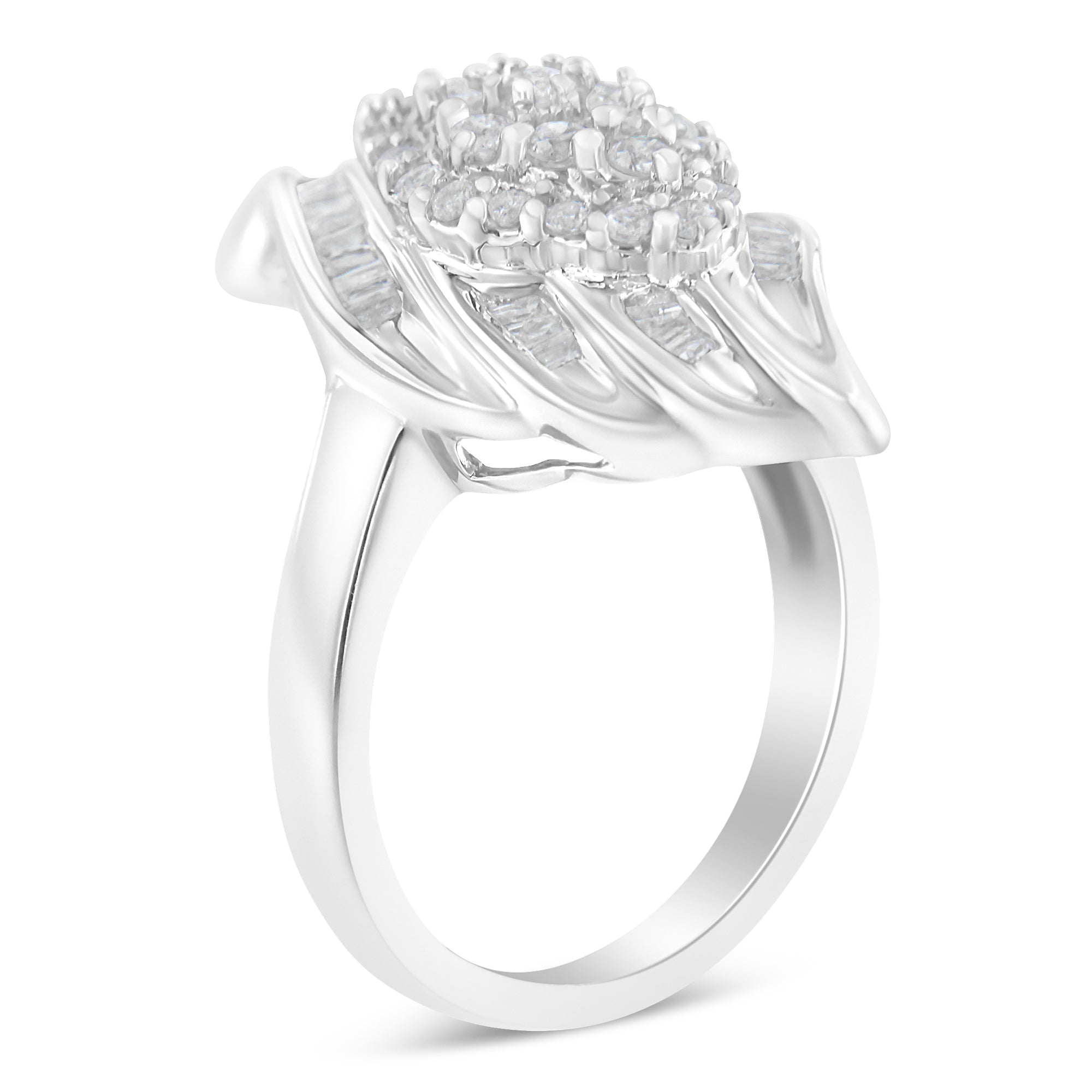 .925 Sterling Silver Â¾ Cttw Round and Baguette Cut Diamond Stair-Stepped Cluster Waterfall Cocktail Ring I-J Color, I2-I3 Clarity - Size 6 on sale at MyriadMart