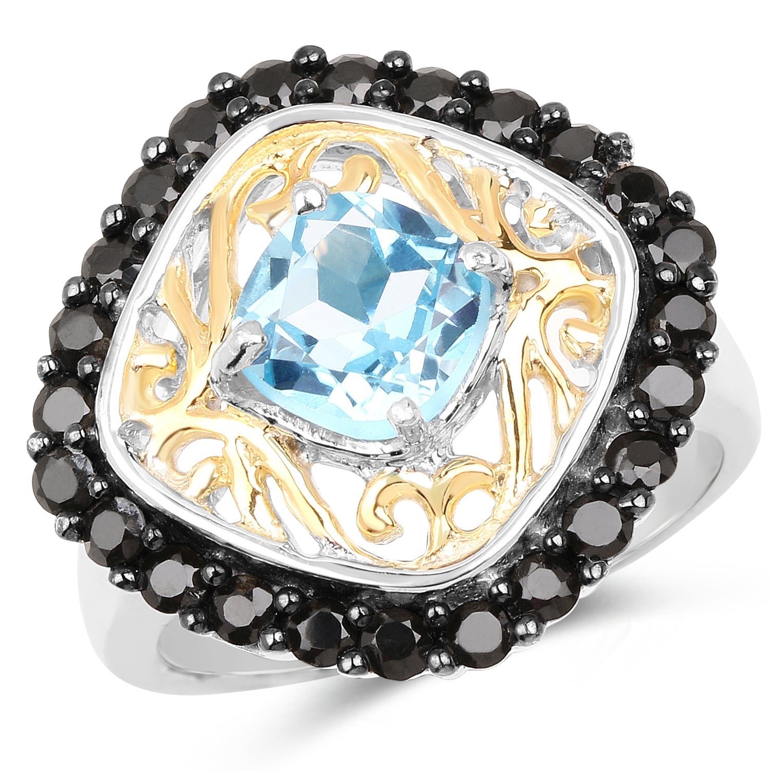 Two Tone Plated 2.85 Carat Genuine Swiss Blue Topaz and Black Spinel .925 Sterling Silver Ring on sale at MyriadMart