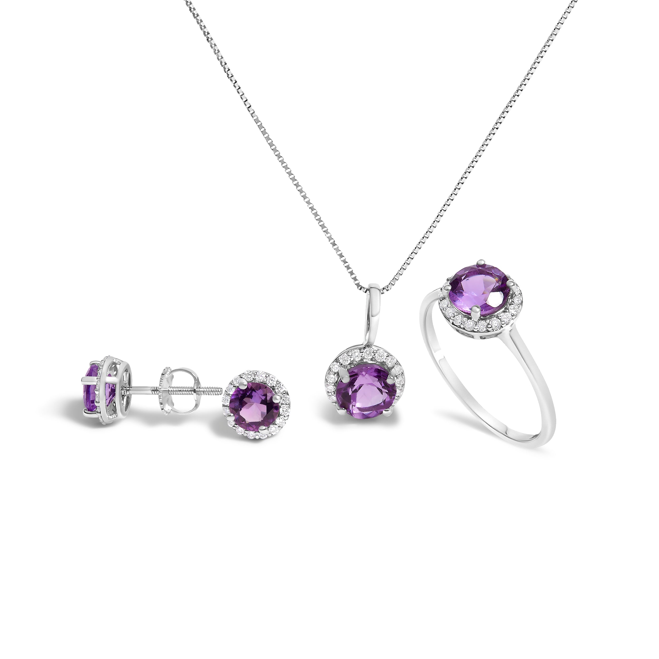 10K White Gold Purple Amethyst and 3/8 Cttw Diamond Halo Jewelry Set Earrings, Pendant & Ring on sale at MyriadMart