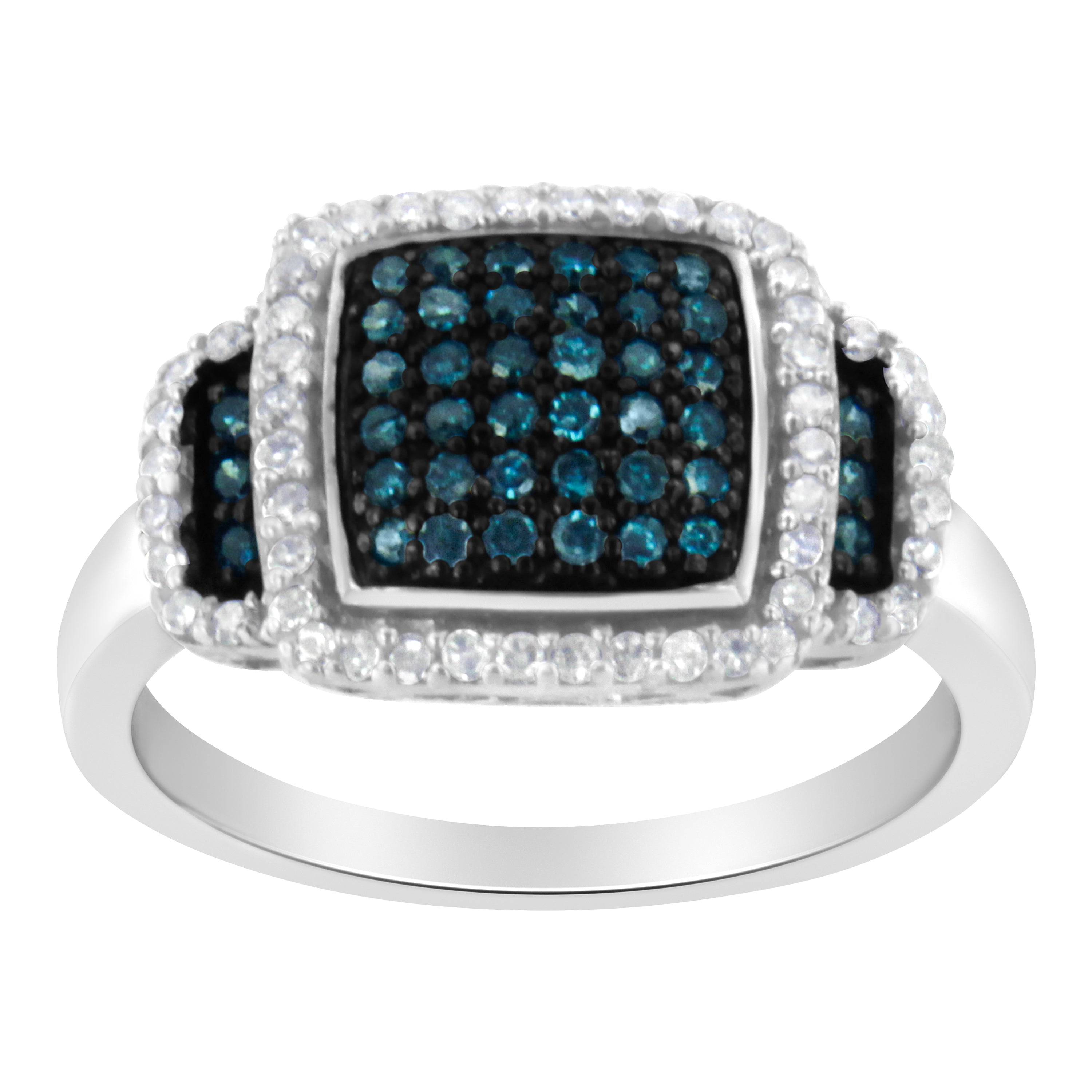 Black Rhodium Plated .925 Sterling Silver 1/2 Cttw White & Blue Diamond Square Halo Cocktail Ring Fancy Blue & H-I Color, I2-I3 Clarity - SIze 6 on sale at MyriadMart
