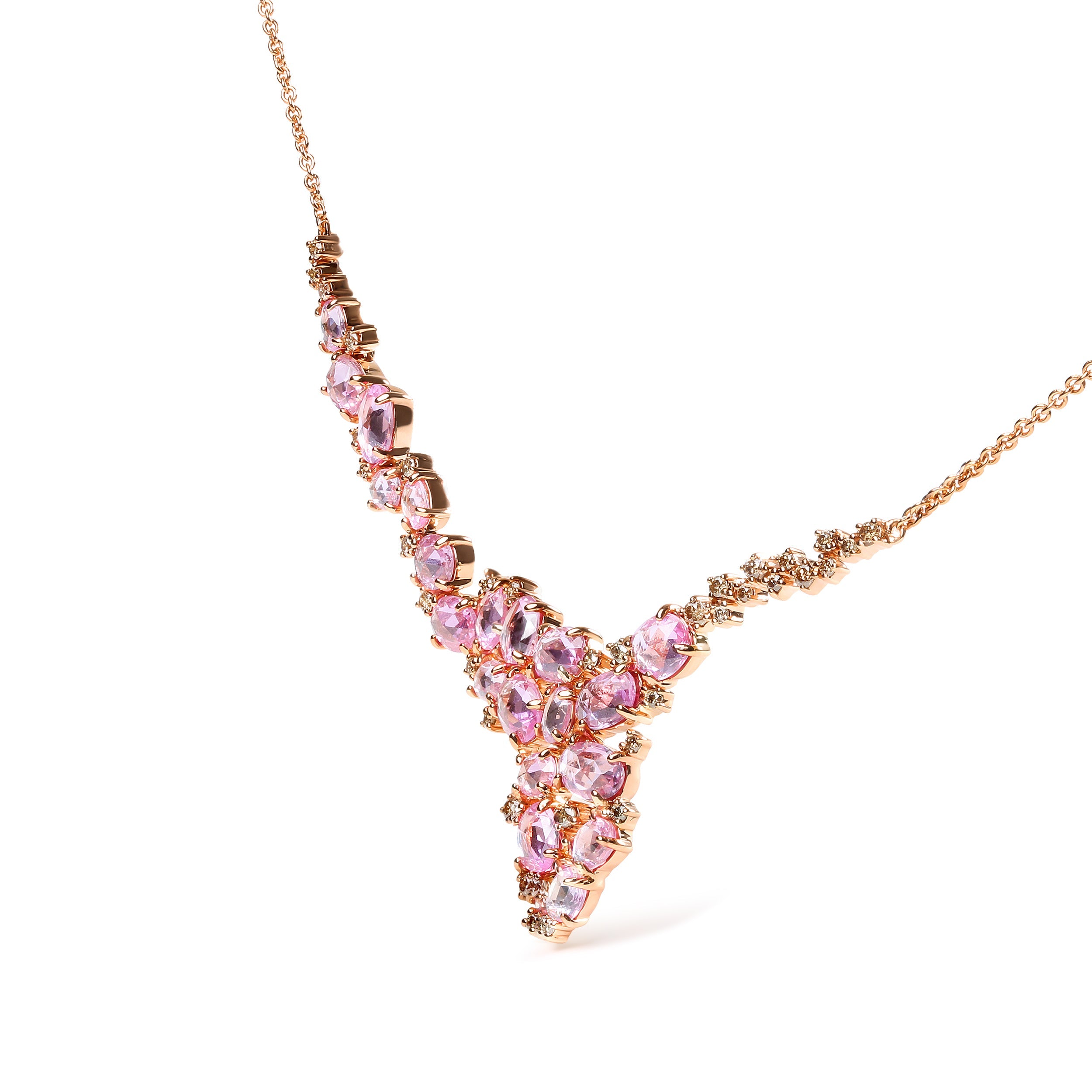 18K Rose Gold 1/2 Cttw Brown Diamond and Multi-Size Oval Pink Sapphire Cluster Cascade Statement Station Necklace Brown Color, SI1-SI2 Clarity - Adjustable up to 14" to 16" on sale at MyriadMart