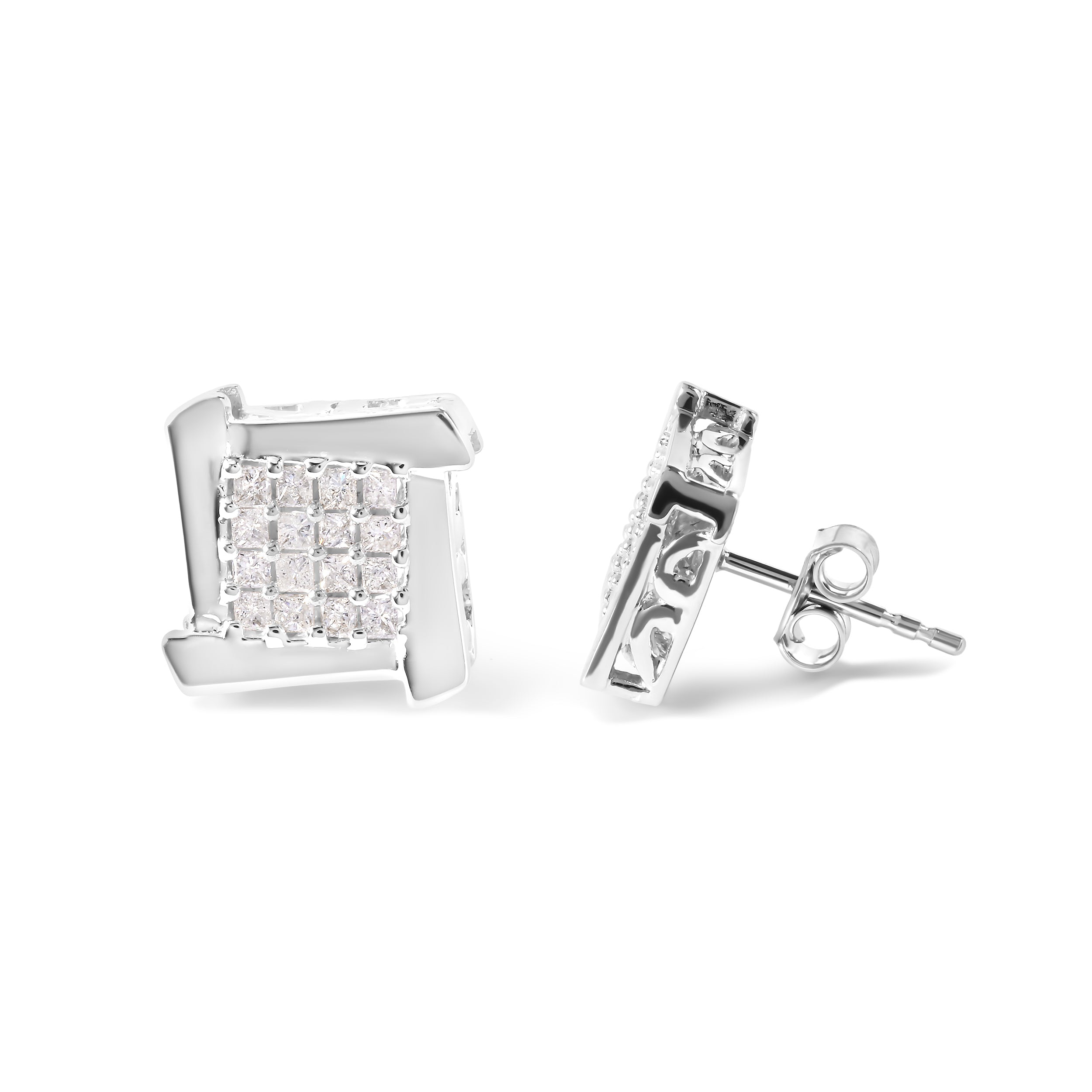 10K White Gold 1/2 Cttw Composite Princess Diamond Square and Swirl Stud Earrings I-J Color, I1-I2 Clarity on sale at MyriadMart