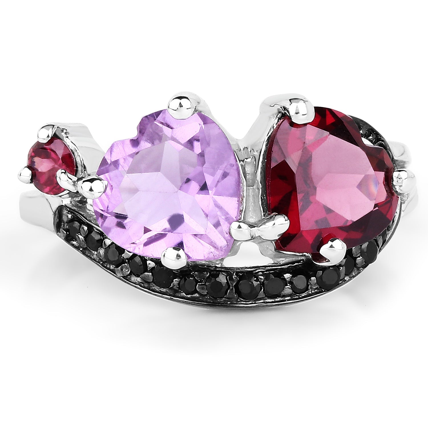 4.07 Carat Genuine Amethyst, Rhodolite & Black Spinel .925 Sterling Silver Ring on sale at MyriadMart