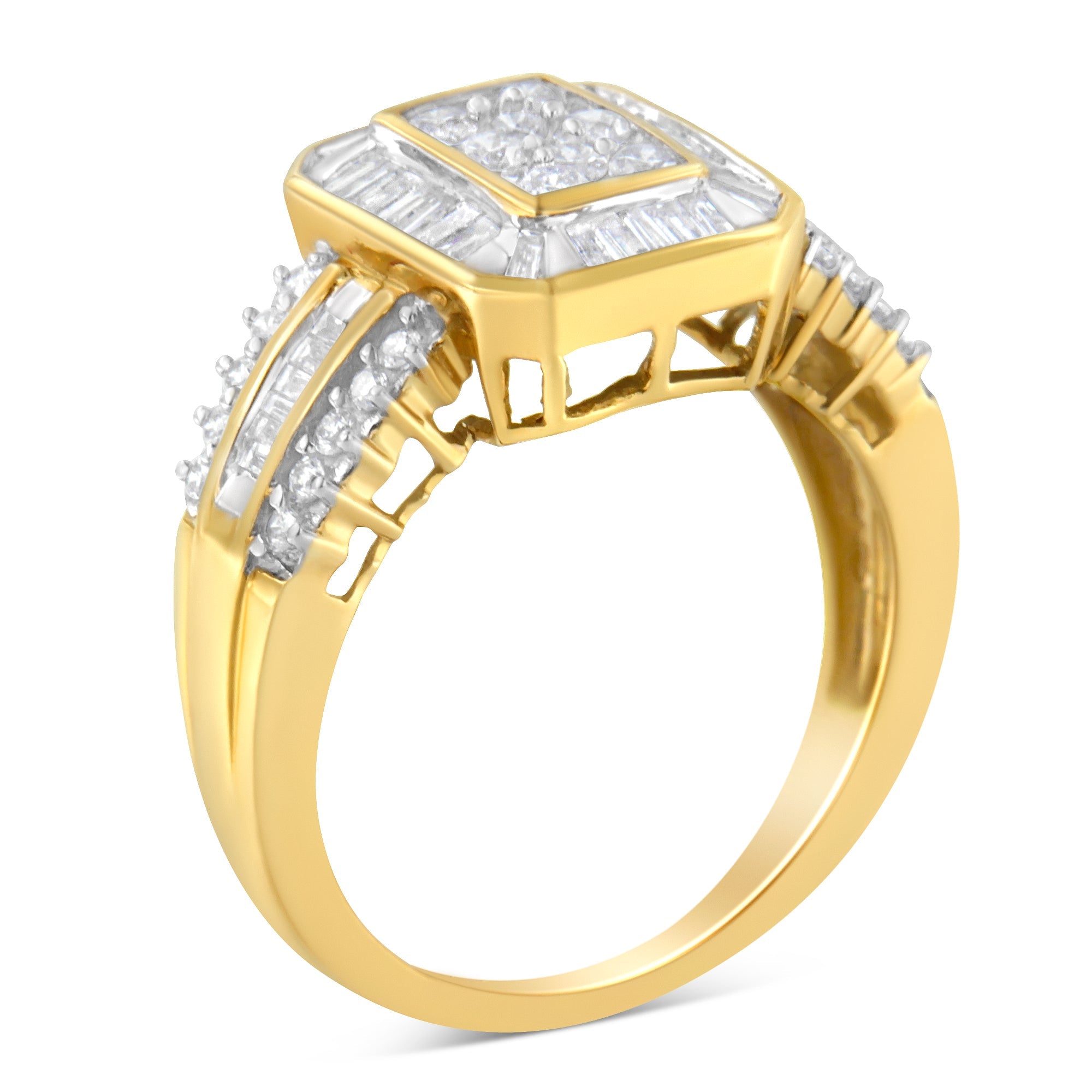 10K Yellow Gold Round and Baguette-Cut Diamond Cocktail Ring 1.0 Cttw, H-I Color, SI2-I1 Clarity - Size 7 on sale at MyriadMart