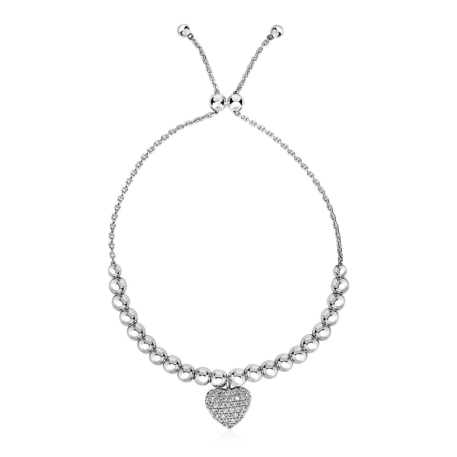 Adjustable Bead Bracelet with Round Charm and Cubic Zirconias in Sterling Silver on sale at MyriadMart