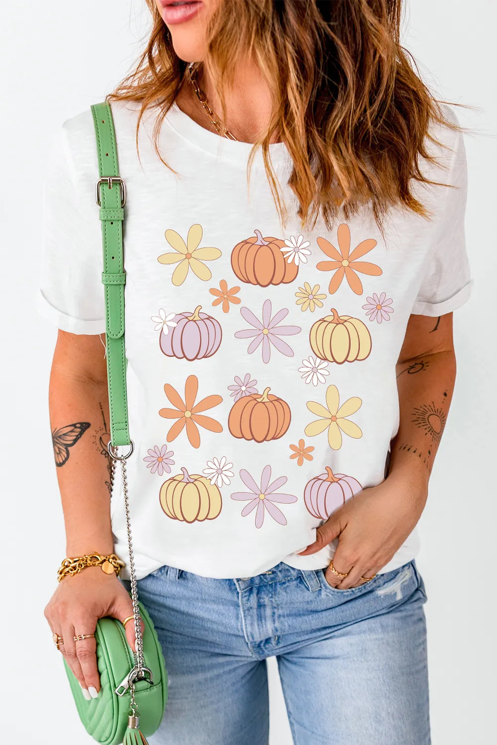 Pumpkin & Flower Round Neck Short Sleeve T-Shirt - MyriadMart