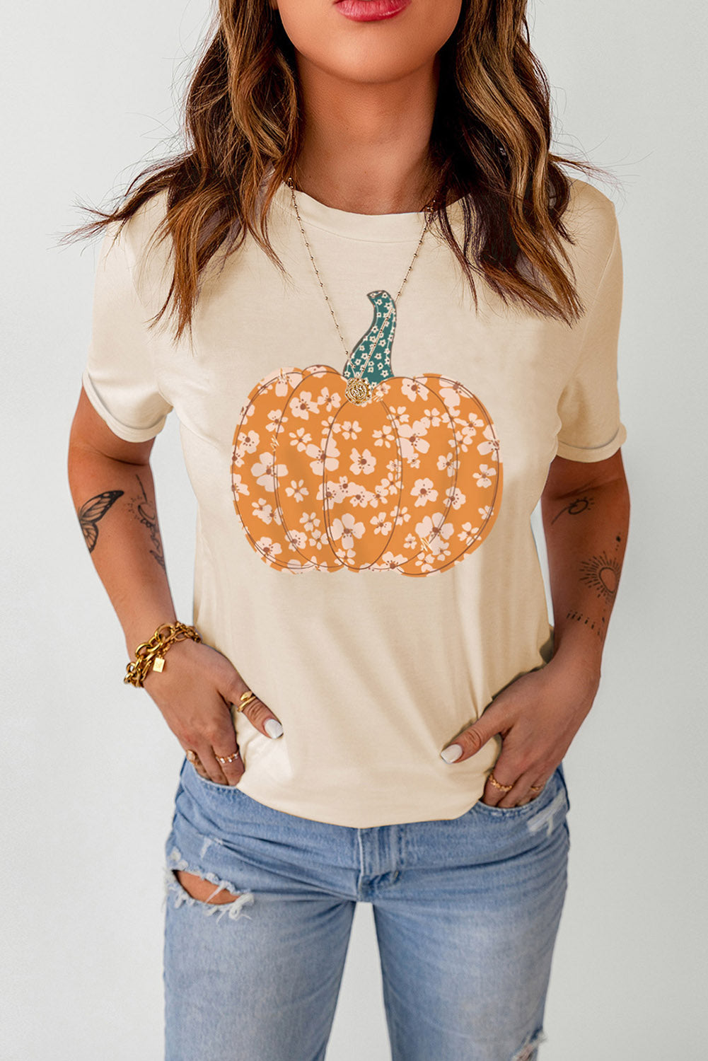 Pumpkin Graphic Round Neck Cuffed T-Shirt - MyriadMart