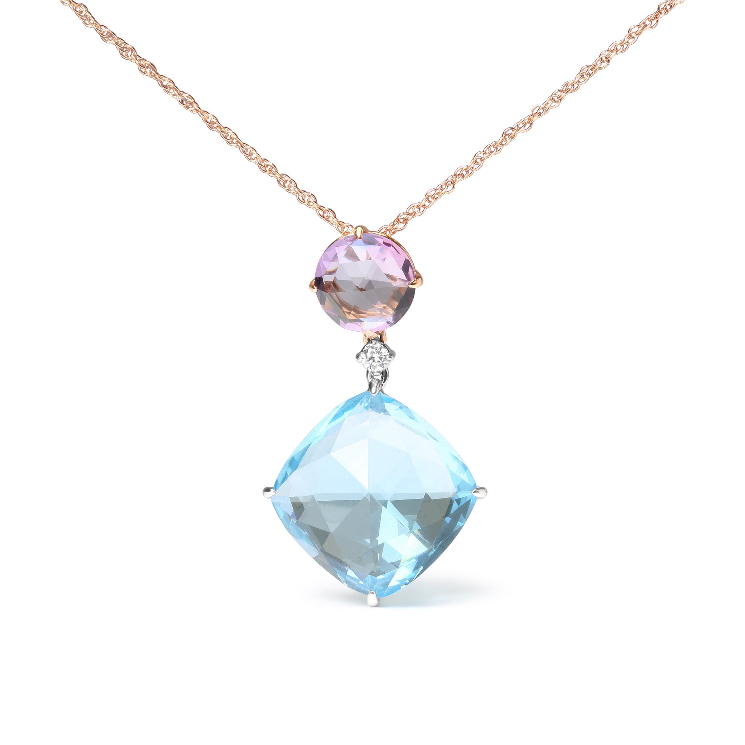 18K White and Rose Gold Round Diamond Accent and Round Rose De France Pink Amethyst and Cushion Cut Sky Blue Topaz Dangle Drop 18" Pendant Necklace G-H Color, SI1-SI2 Clarity on sale at MyriadMart