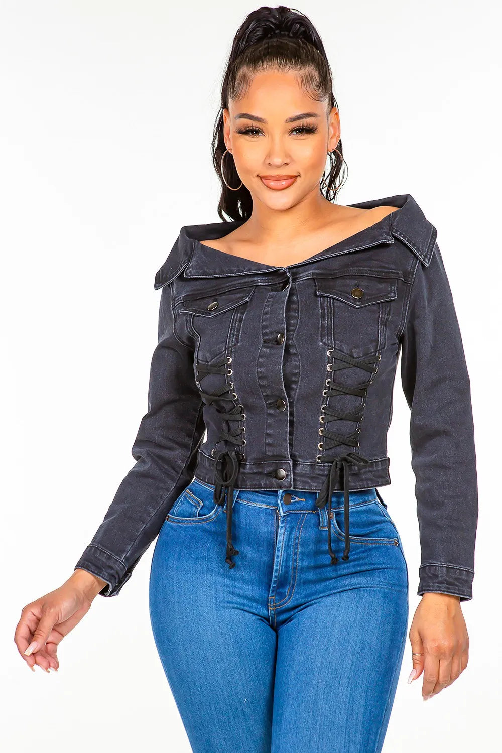 American Bazi Off Shoulder Lace Up Denim Jacket - MyriadMart