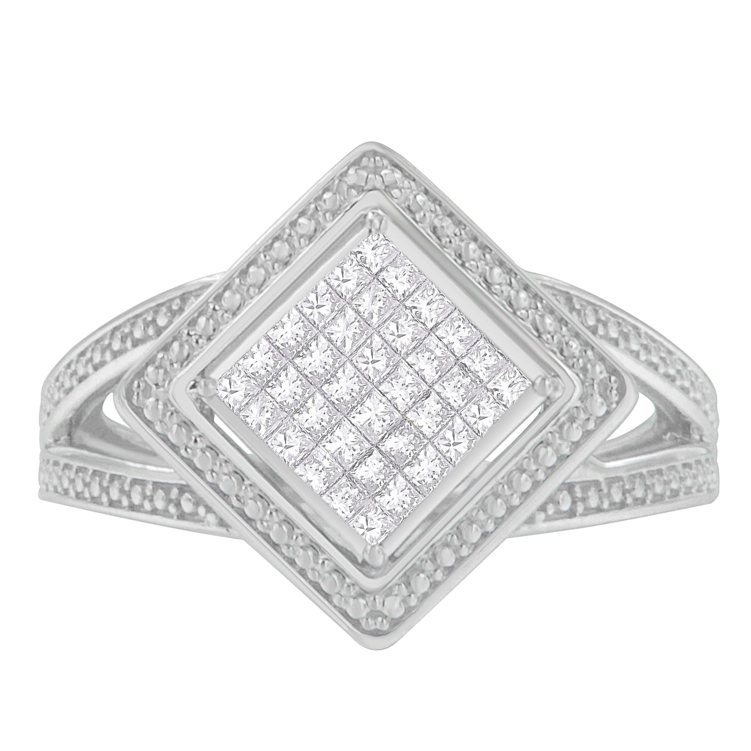 .925 Sterling Silver 1/3 Cttw Invisible Set Princess-Cut Diamond Rhombus and Beaded Halo Ring H-I Color, SI1-SI2 Clarity - Ring Size 7 on sale at MyriadMart