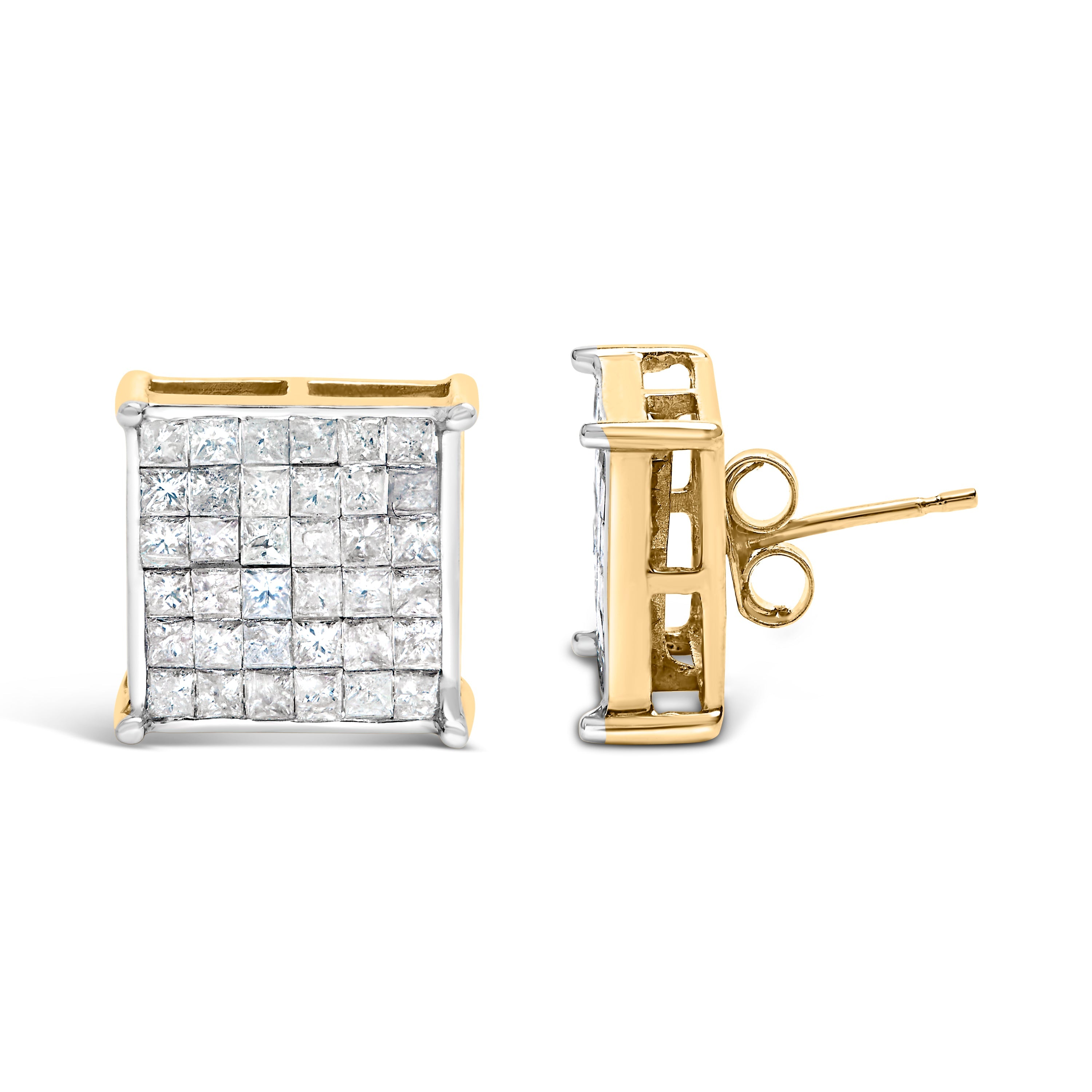 10K Yellow Gold 2.0 Cttw Invisible-Set Princess-Cut Diamond Stud Earrings on sale at MyriadMart