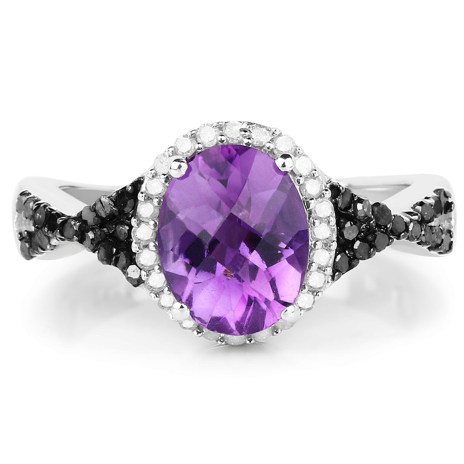 1.64 Carat Genuine Amethyst, Black Diamond & White Diamond .925 Sterling Silver Ring on sale at MyriadMart