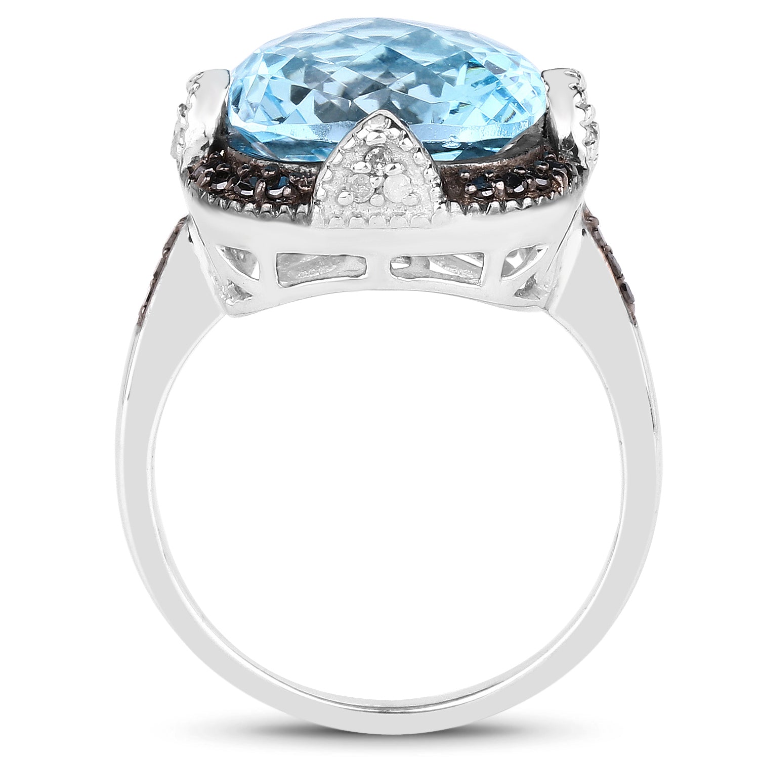 8.29 Carat Genuine Swiss Blue Topaz, Black Diamond & White Diamond .925 Sterling Silver Ring on sale at MyriadMart