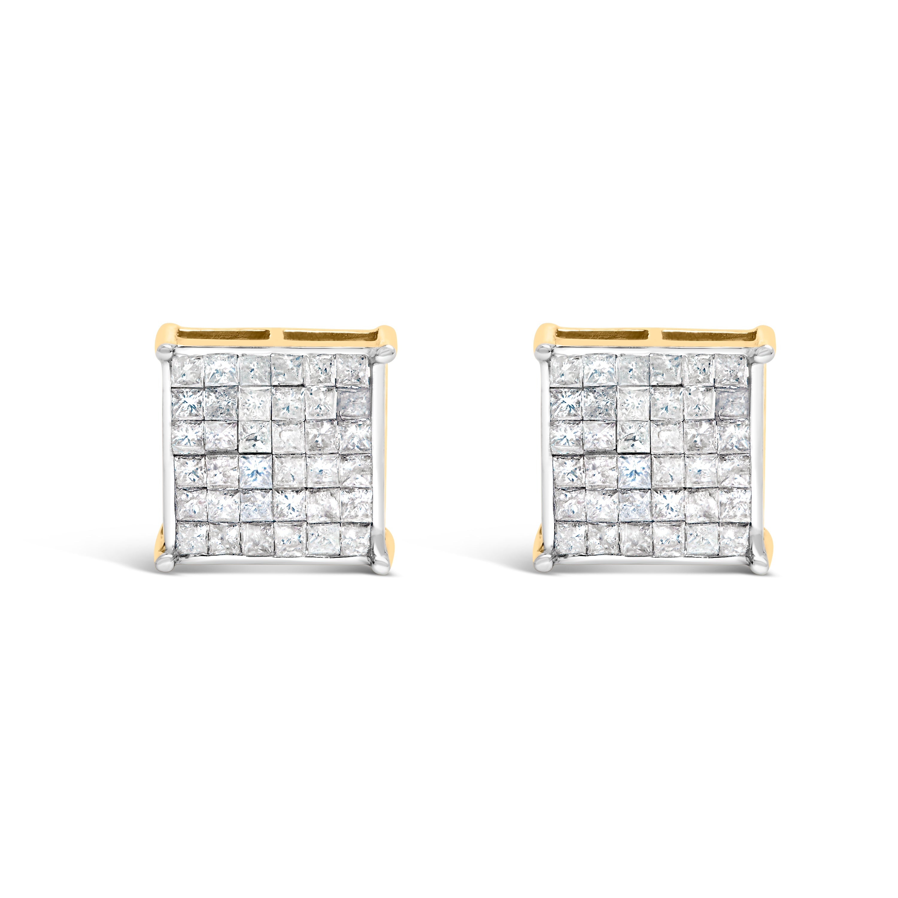 10K Yellow Gold 2.0 Cttw Invisible-Set Princess-Cut Diamond Stud Earrings on sale at MyriadMart