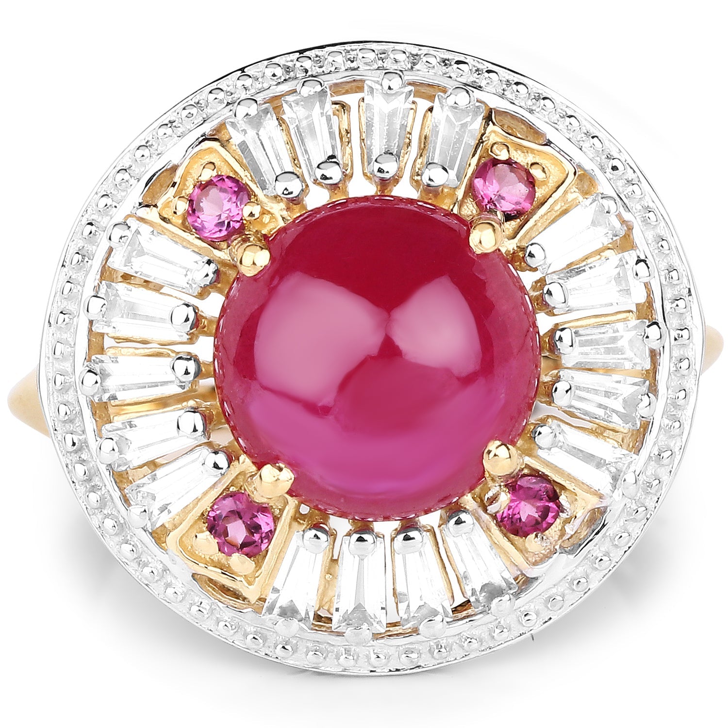14K Yellow Gold Plated 8.91 Carat Genuine Glass Filled Ruby, Rhodolite & White Topaz .925 Sterling Silver Ring on sale at MyriadMart