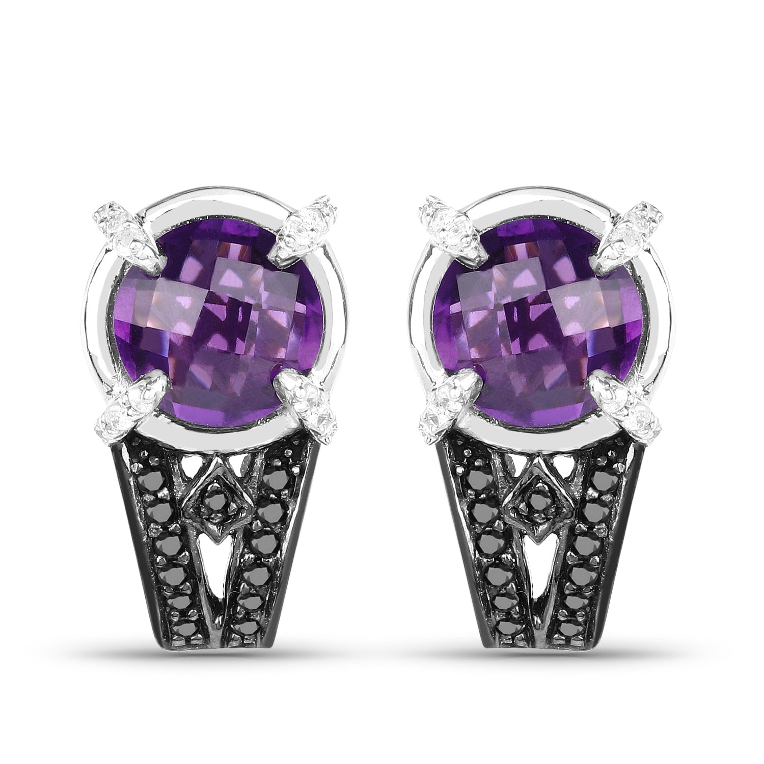 3.61 Carat Genuine Amethyst, Black Diamond and White Diamond .925 Sterling Silver Earrings on sale at MyriadMart