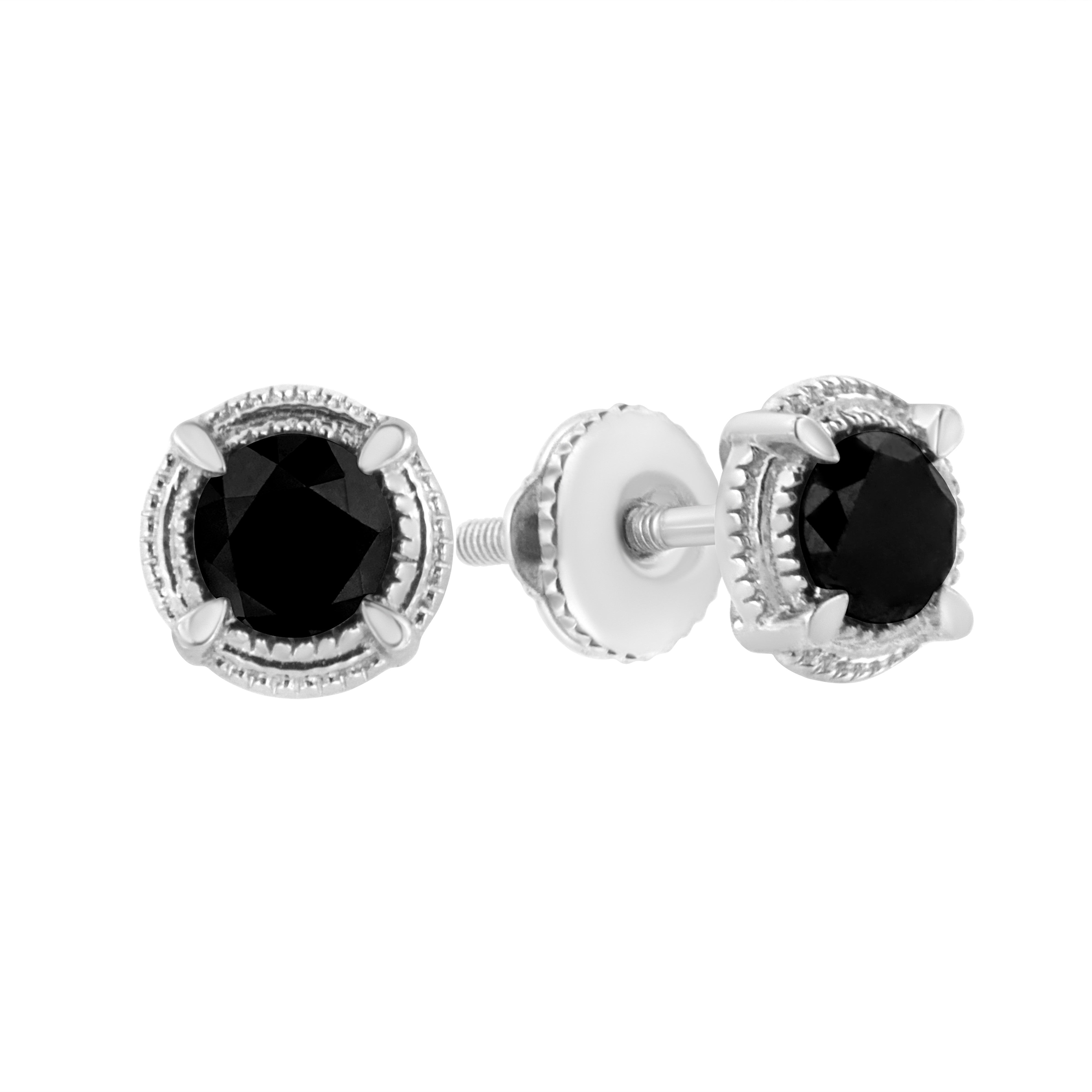 Black Rhodium Plated .925 Sterling Silver Round 1-1/2 cttw Diamond Double Halo 4-Prong Solitaire Milgrain Stud Earrings H-I Color, I2-I3 Clarity on sale at MyriadMart