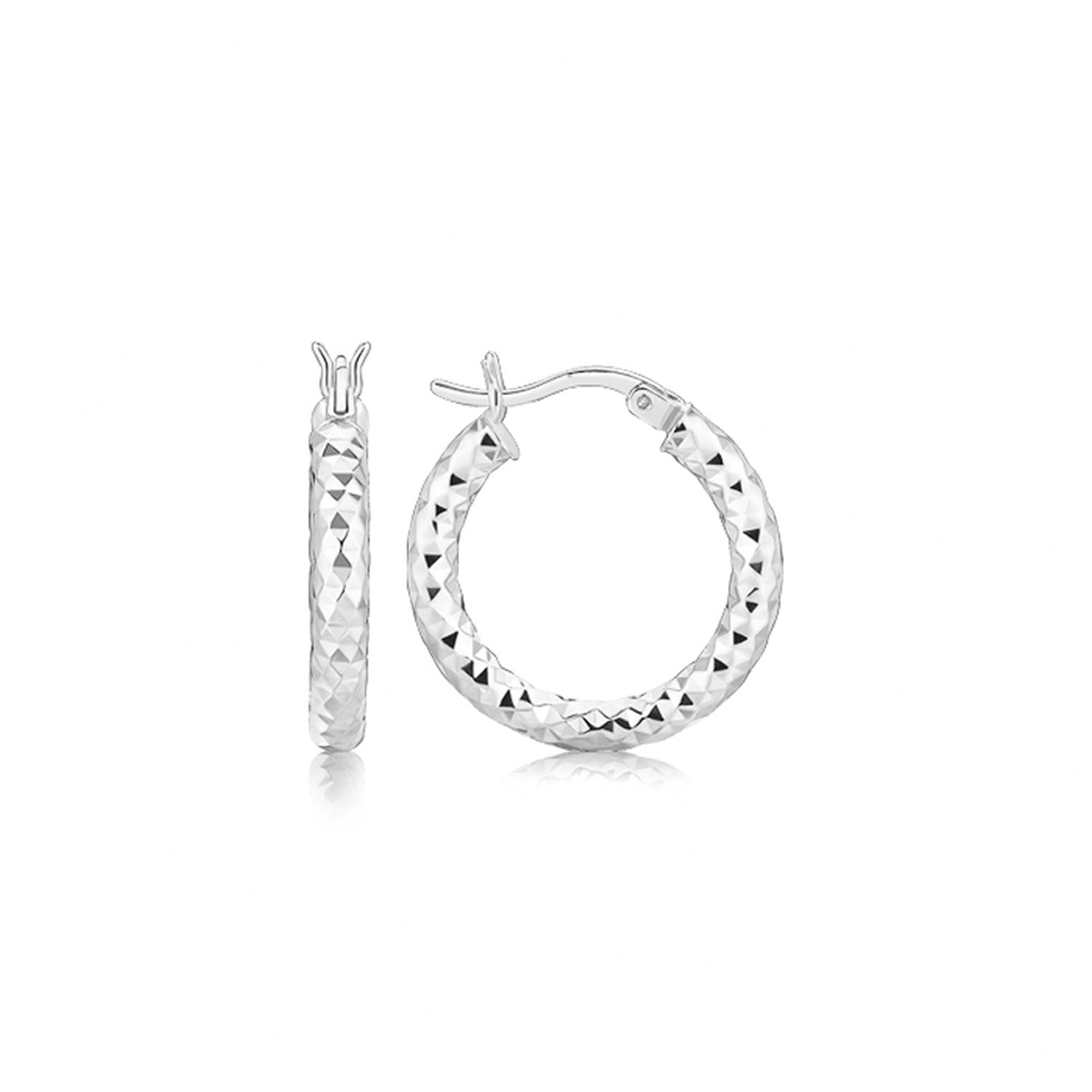 Sterling Silver Polished Rhodium Plated Faceted Hoop Style Earrings on sale at MyriadMart
