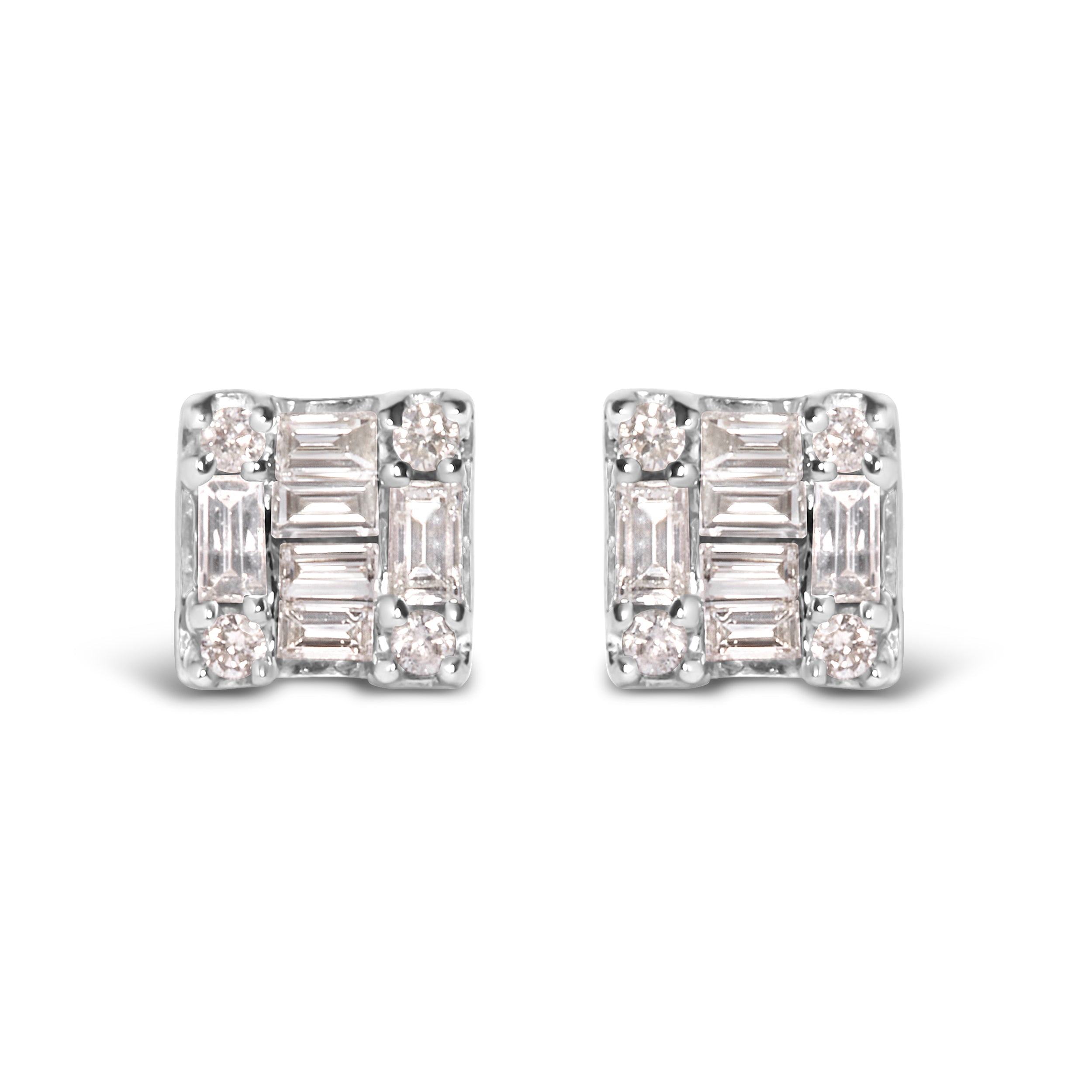 10K White Gold 1/7 Cttw Round and Baguette Diamond Mosaic Square Stud Earrings H-I Color, I1-I2 Clarity on sale at MyriadMart