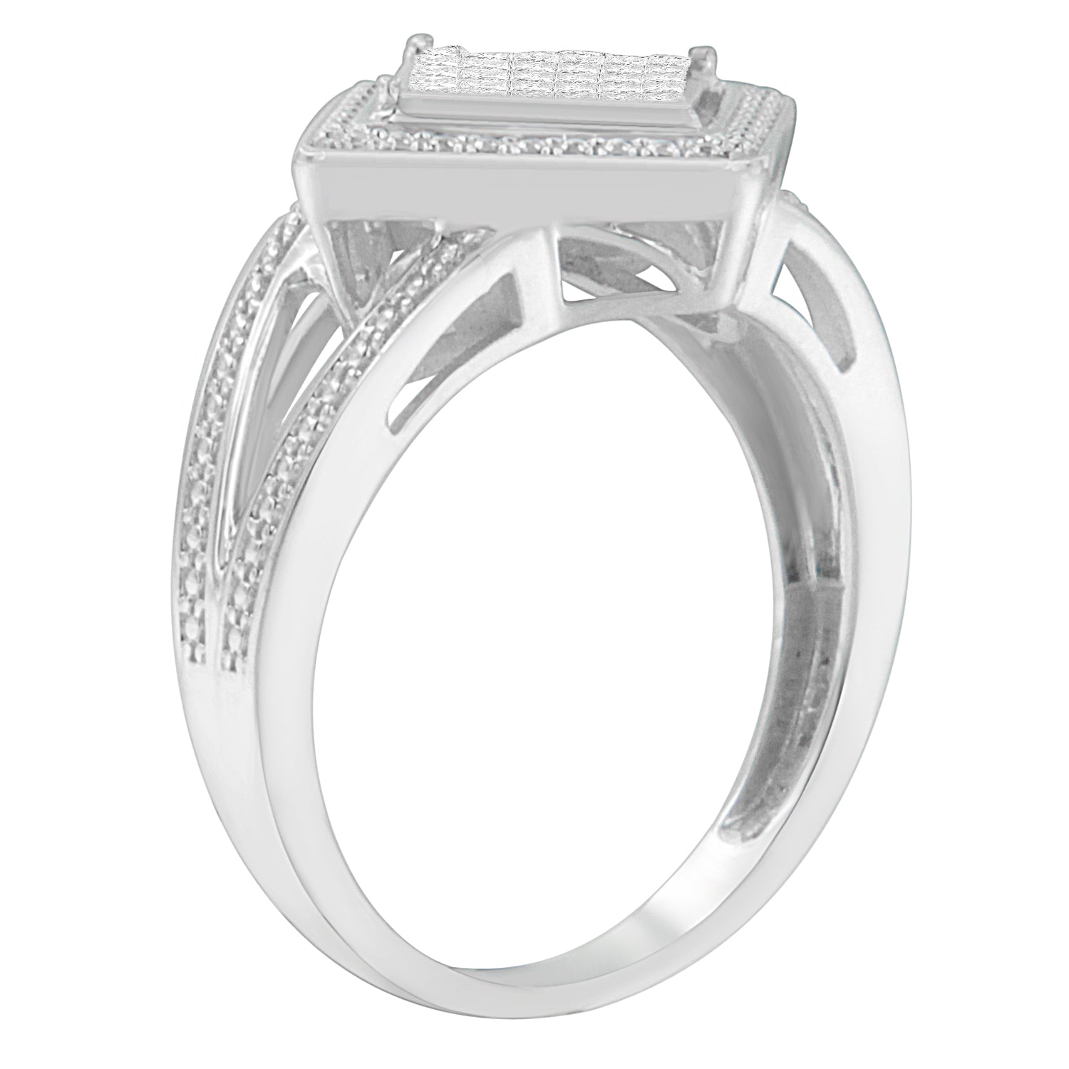 .925 Sterling Silver 1/3 Cttw Invisible Set Princess-Cut Diamond Rhombus and Beaded Halo Ring H-I Color, SI1-SI2 Clarity - Ring Size 7 on sale at MyriadMart