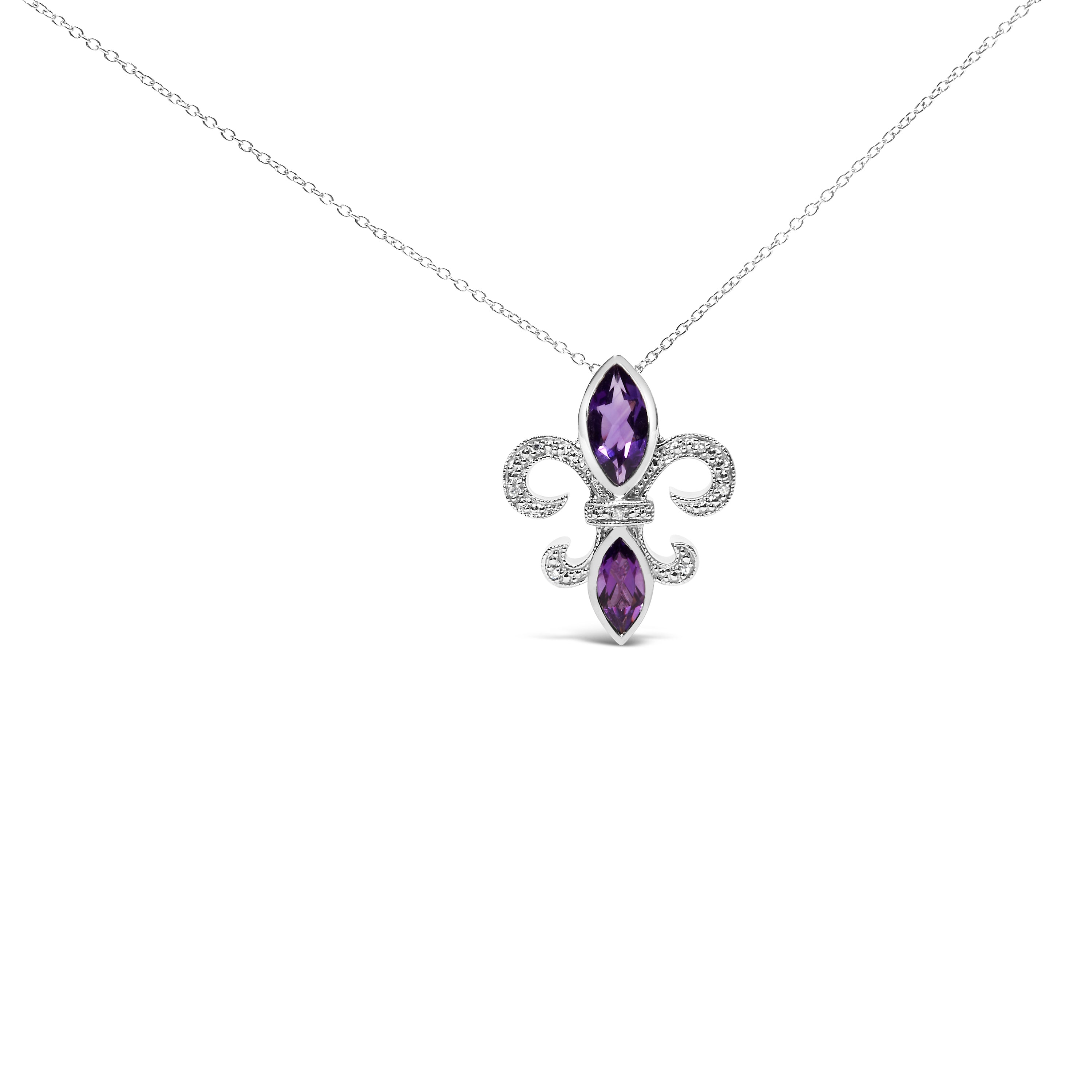 .925 Sterling Silver Purple Amethyst Marquise and Diamond Accent Fleur De Lis Pendant Necklace H-I Color, SI1-SI2 Clarity - Size 18" on sale at MyriadMart