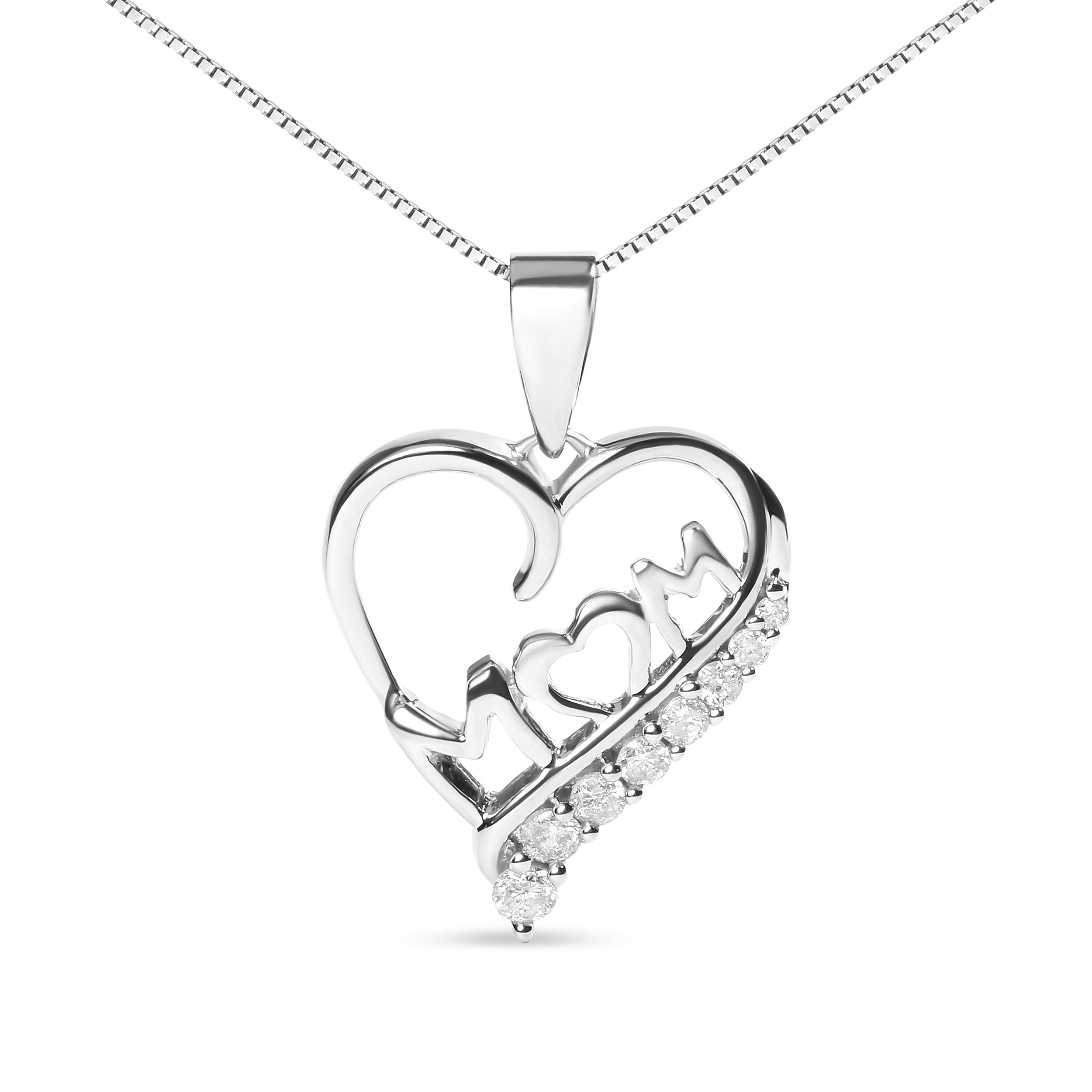 .925 Sterling Silver 1/4 Cttw Diamond "Mom" and Open Heart 18" Pendant Necklace I-J Color, I2-I3 Clarity on sale at MyriadMart