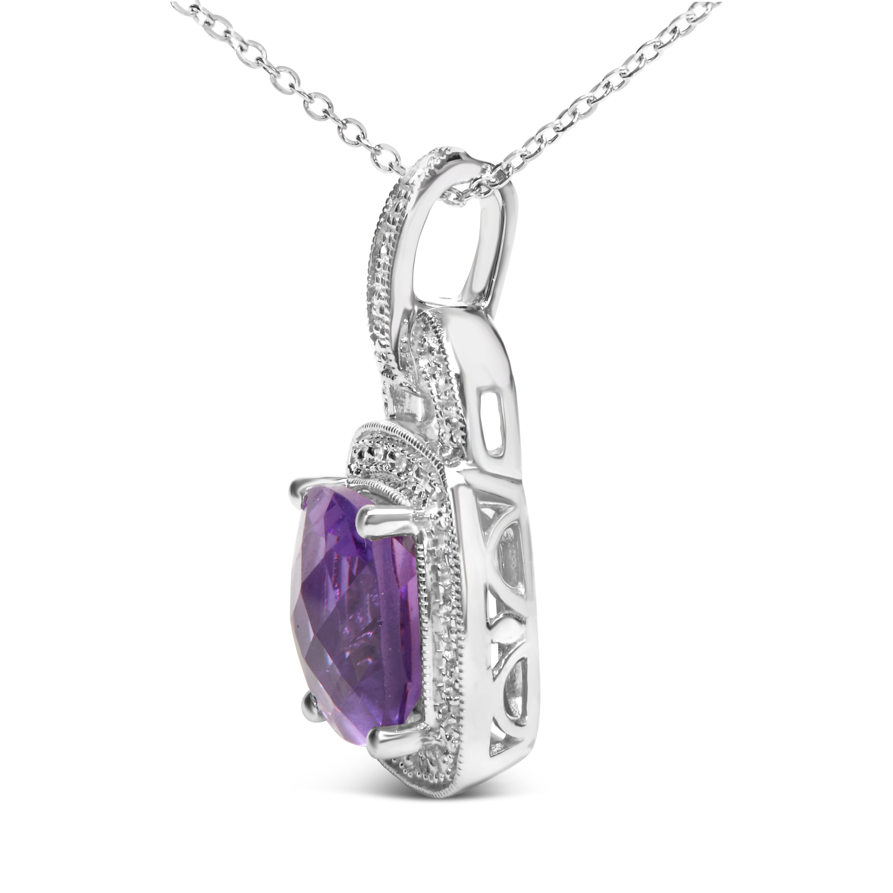.925 Sterling Silver 10X10 MM Cushion Purple Amethyst and Diamond Accent Halo 18" Pendant Necklace I-J Color, I1-I2 Clarity on sale at MyriadMart