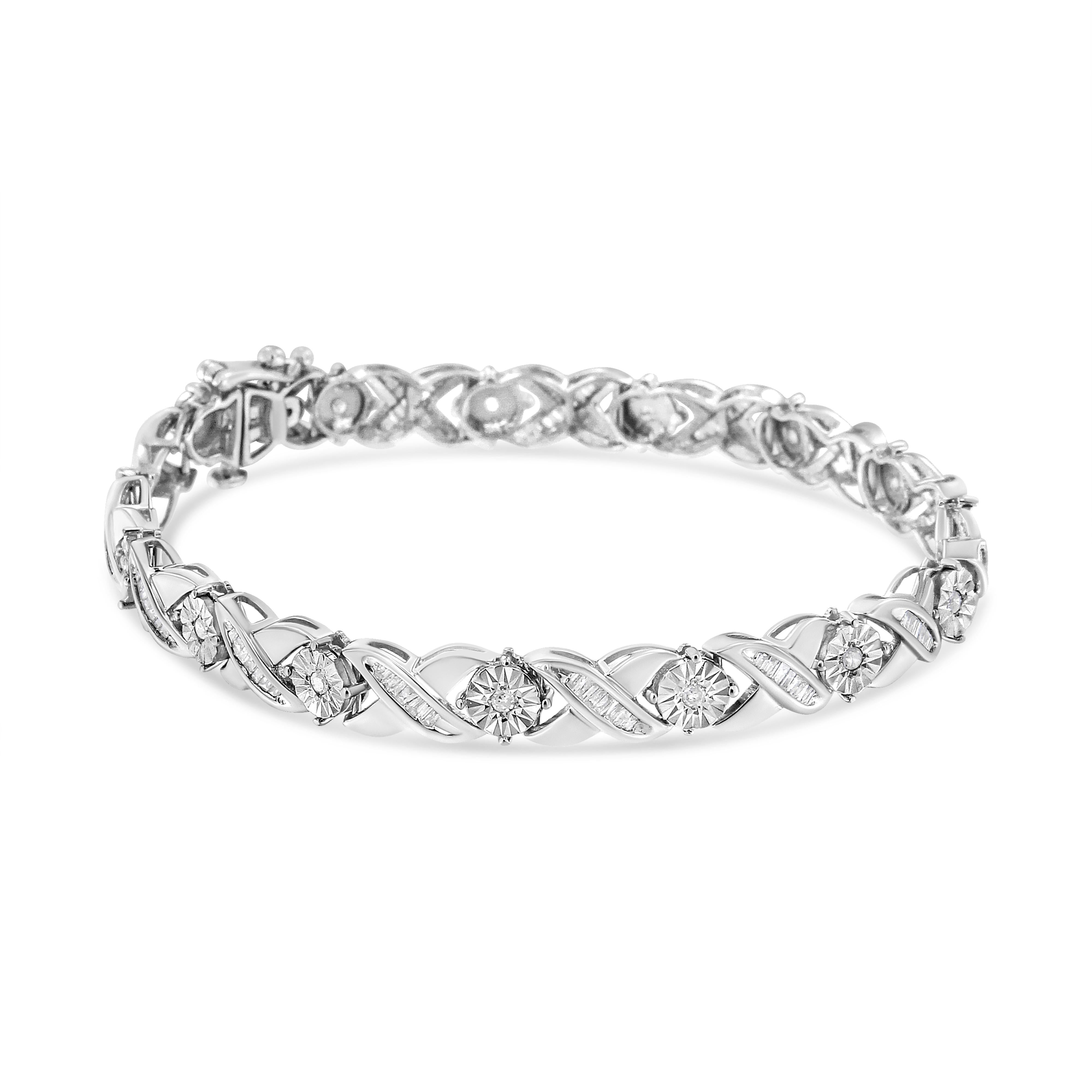 .925 Sterling Silver 1.0 Cttw Round-Brilliant and Baguette Cut Diamond Miracle-Set X-Link 7" Tennis Bracelet I-J Color, I2-I3 Clarity on sale at MyriadMart