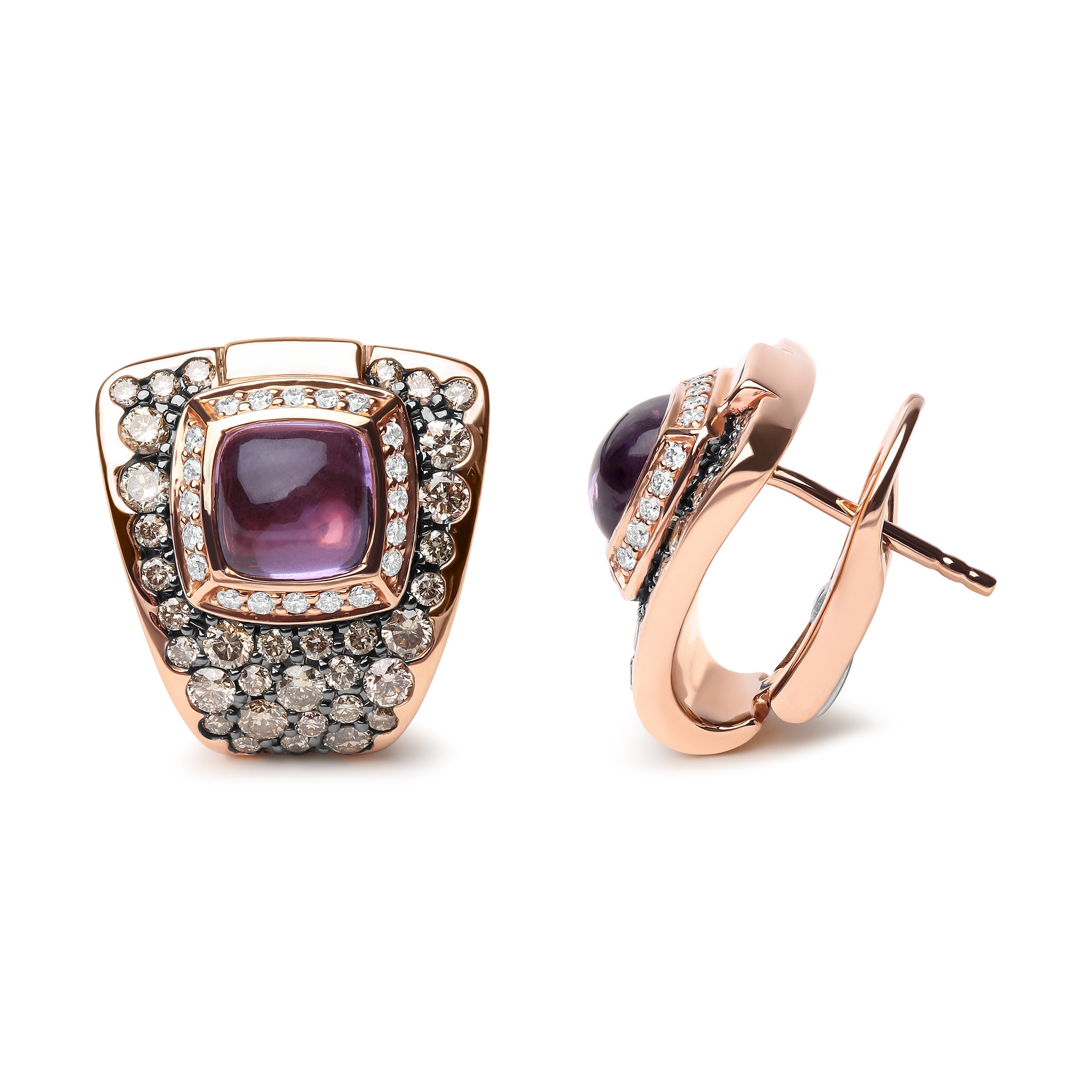 18K Rose Gold 1 1/2 Cttw Round Diamond and 7mm Cushion Cut Purple Amethyst Gemstone Geometrical Statement Stud Earrings Brown and G-H Color, SI1-SI2 Clarity on sale at MyriadMart