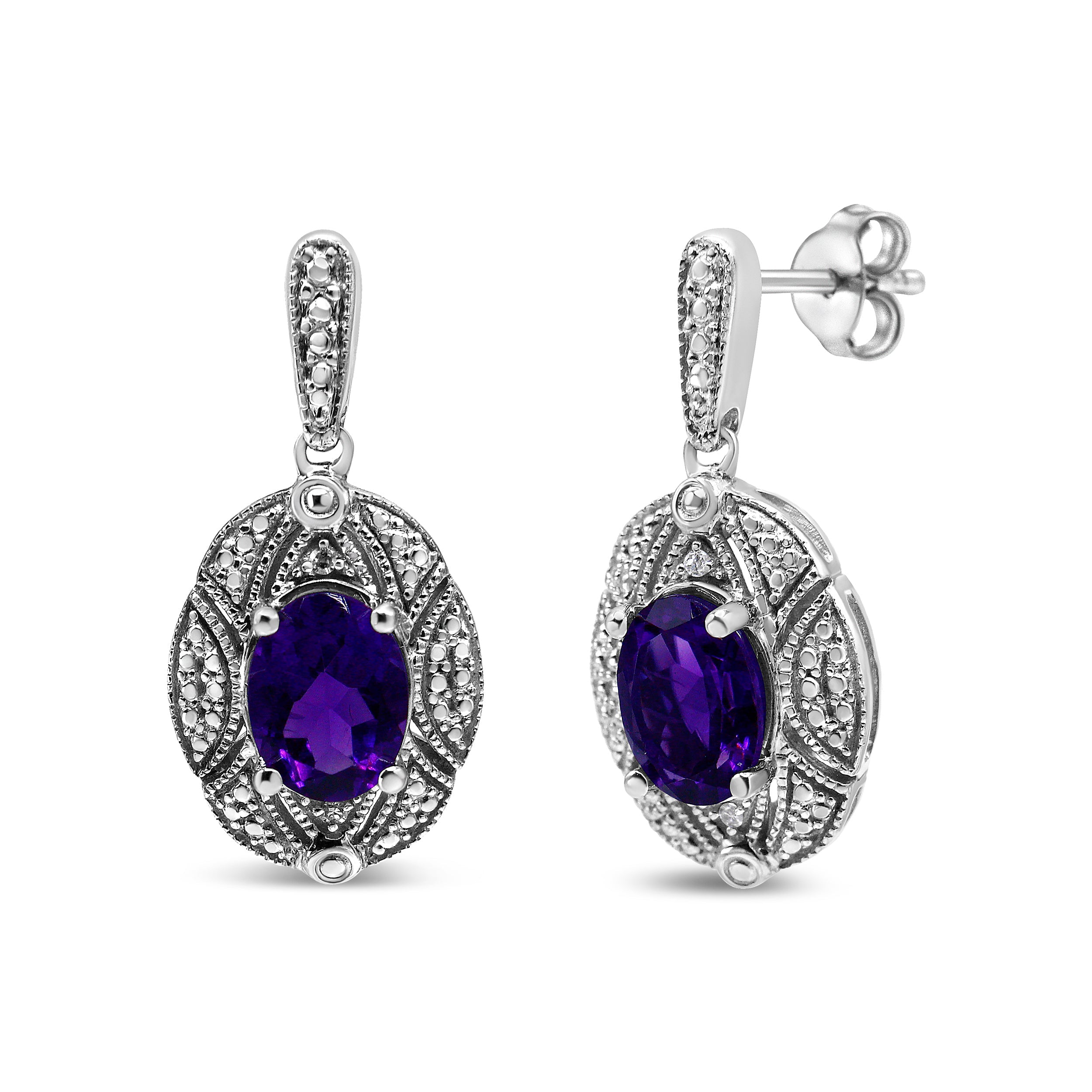.925 Sterling Silver Diamond Accent and 8x6mm Purple Oval Amethyst Stud Earrings I-J Color, I1-I2 Clarity on sale at MyriadMart