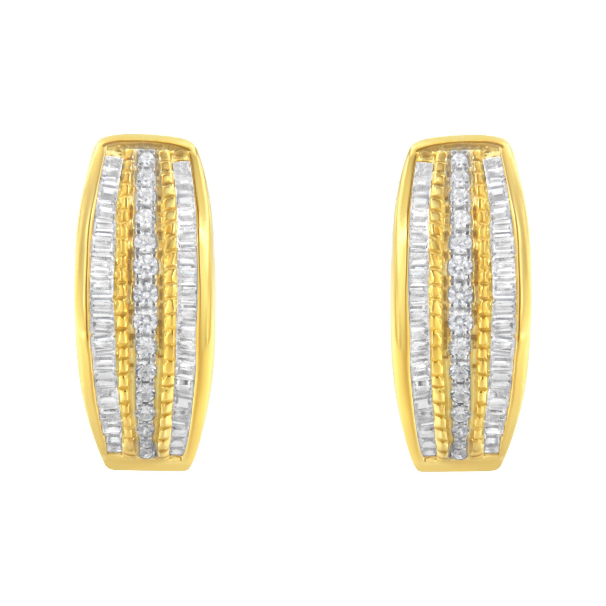 10K Yellow Gold 3/4 Cttw Pave and Channel Set Diamond Triple Row Modern Hoop Earrings I-J Color, I2-I3 Clarity on sale at MyriadMart