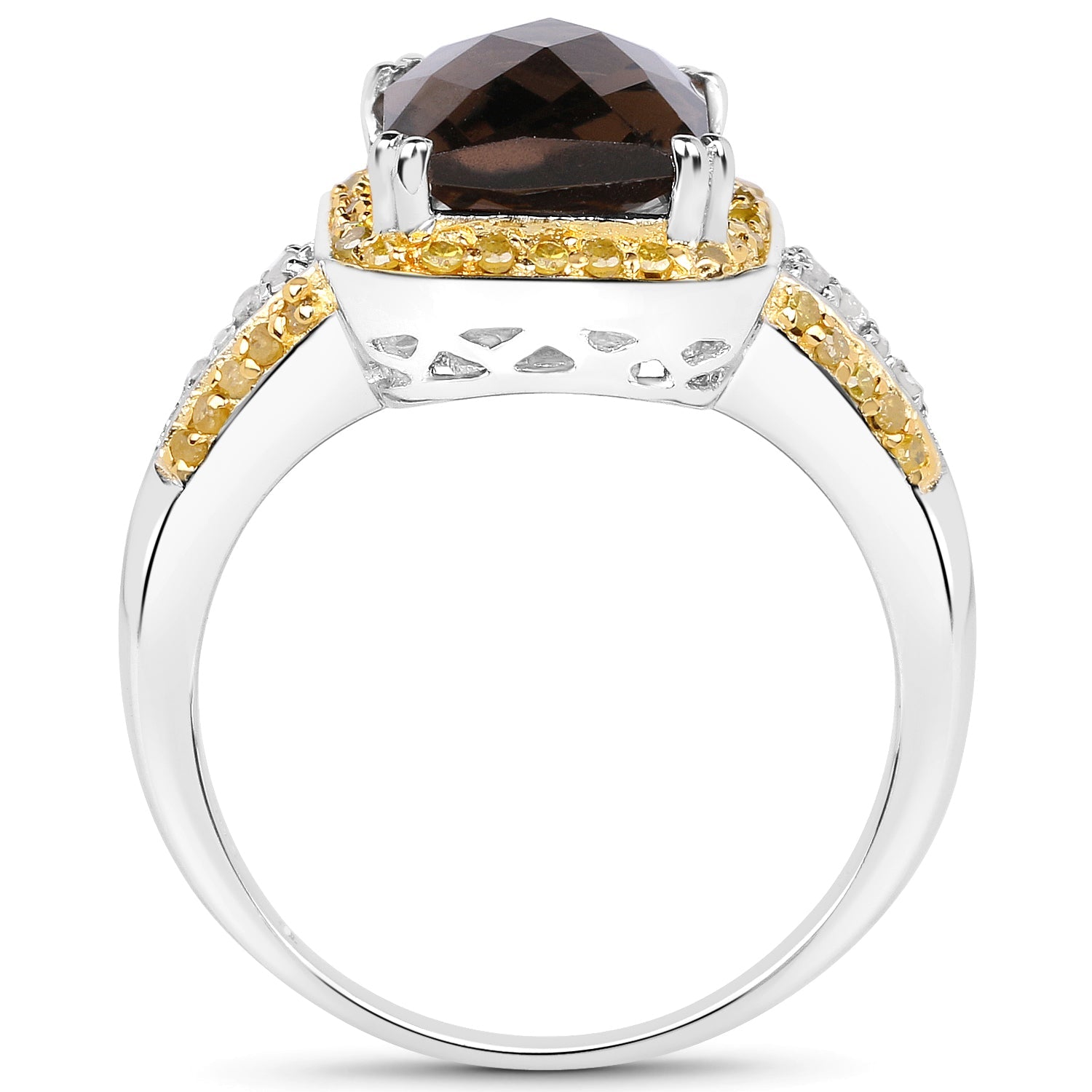 3.48 Carat Genuine Smoky Quartz, Yellow Diamond and White Diamond .925 Sterling Silver Ring on sale at MyriadMart