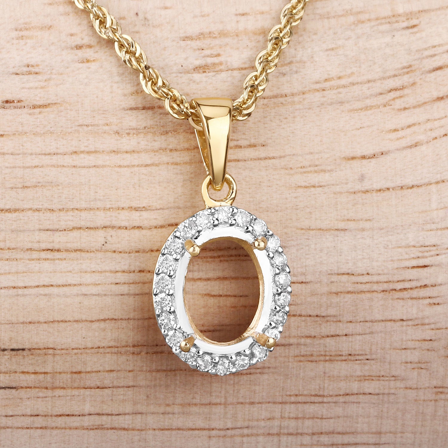 0.22 Carat Genuine White Diamond 14K Yellow Gold Semi Mount Pendant - holds 9x7mm Oval Gemstone on sale at MyriadMart
