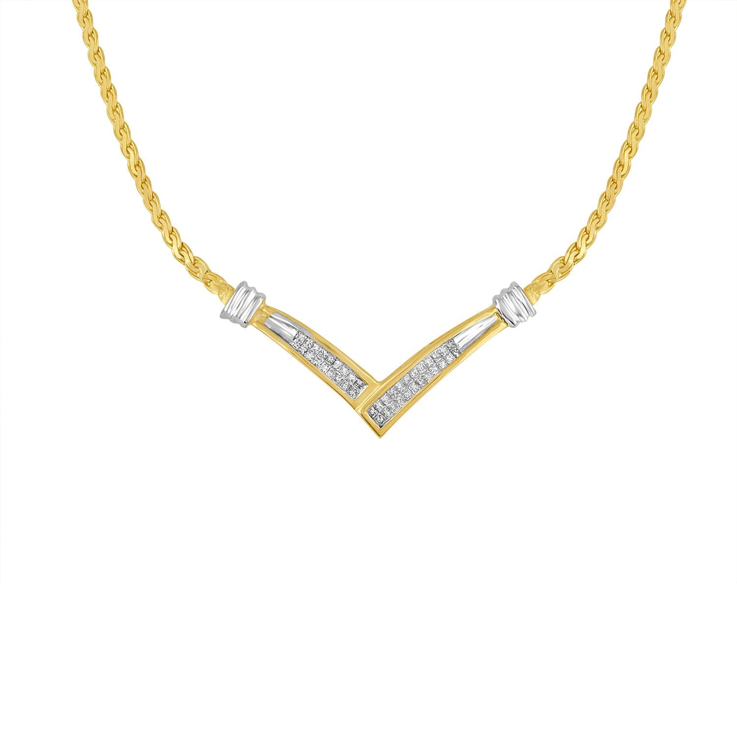 10K Yellow and White Gold 1/2 Cttw Princess Cut Diamond Channel-Set â€œVâ€ Shape 18" Franco Chain Necklace H-I Color, SI2-I1 Clarity on sale at MyriadMart