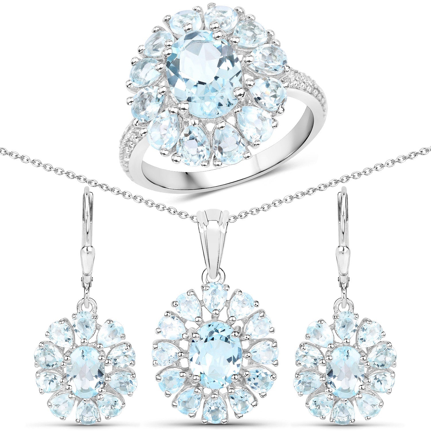 14.02 Carat Genuine Blue Topaz and White Topaz .925 Sterling Silver 3 Piece Jewelry Set Ring, Earrings, and Pendant w/ Chain on sale at MyriadMart