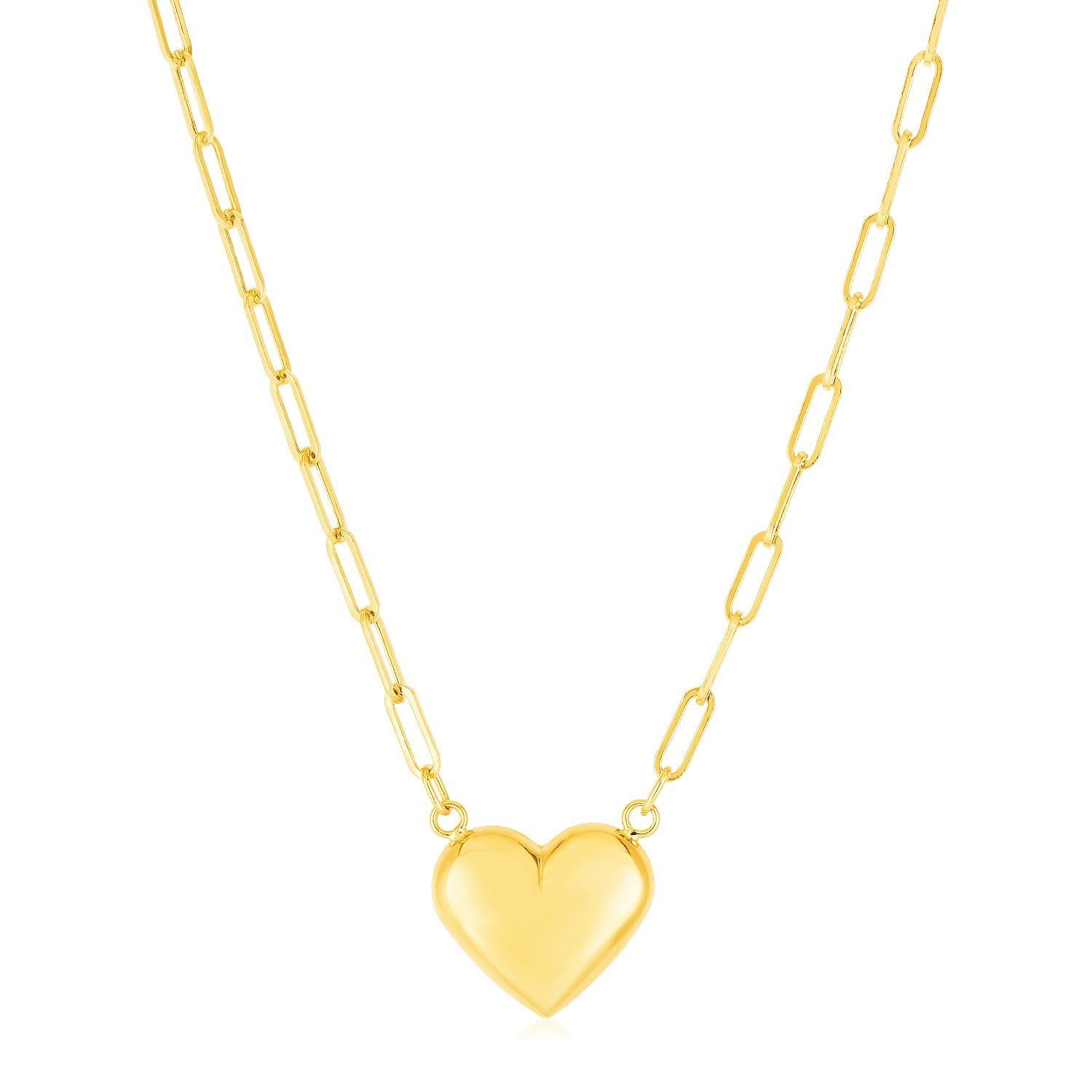 14k Yellow Gold Paperclip Chain Necklace with Puffed Heart on sale at MyriadMart