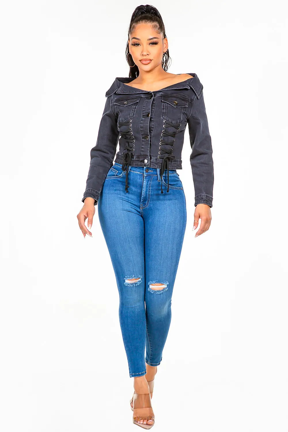 American Bazi Off Shoulder Lace Up Denim Jacket - MyriadMart